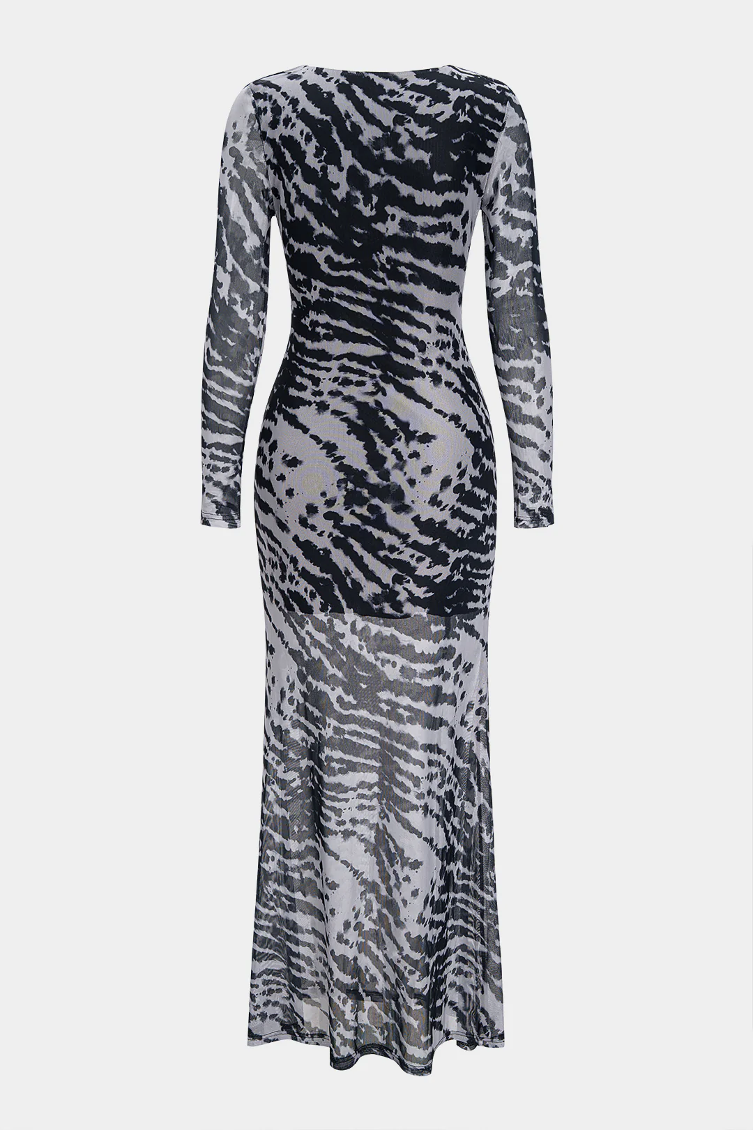 Contrast Print Mesh Ruched Long Sleeve Maxi Dress - Image 2