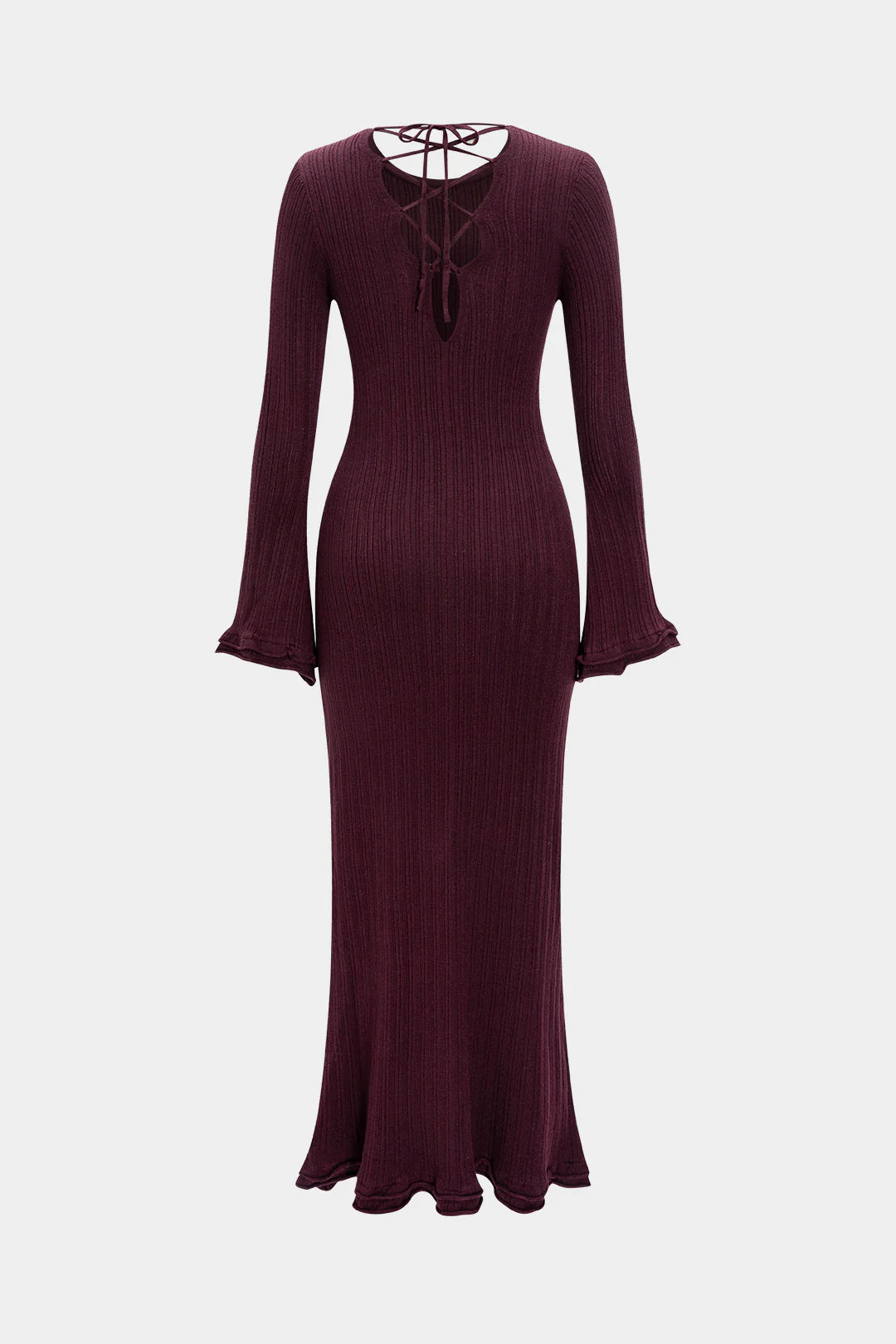 Knit Round Neck Tie-Back Scallop Edge Long Sleeve Dress - Image 2