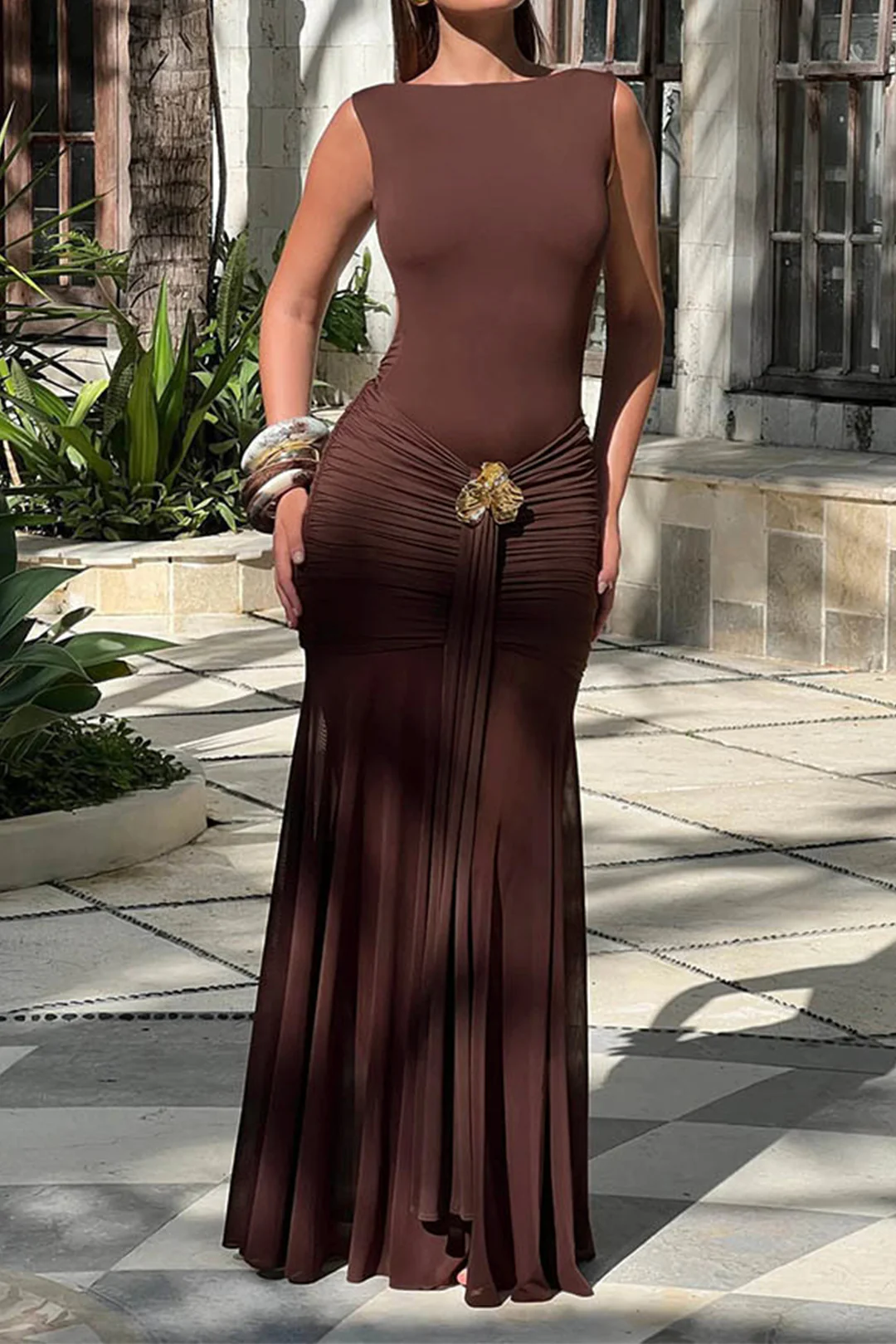 Mesh Metallic Decor Ruched Backless Sleeveless Maxi Dress