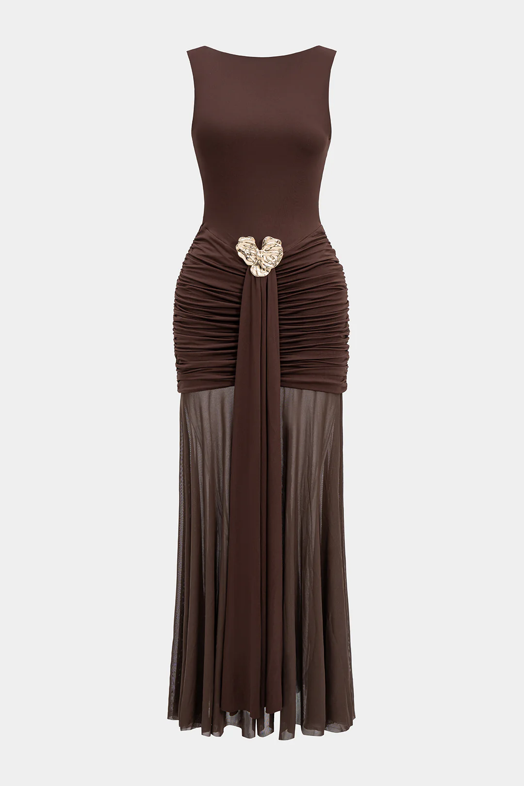 Mesh Metallic Decor Ruched Backless Sleeveless Maxi Dress - Image 2