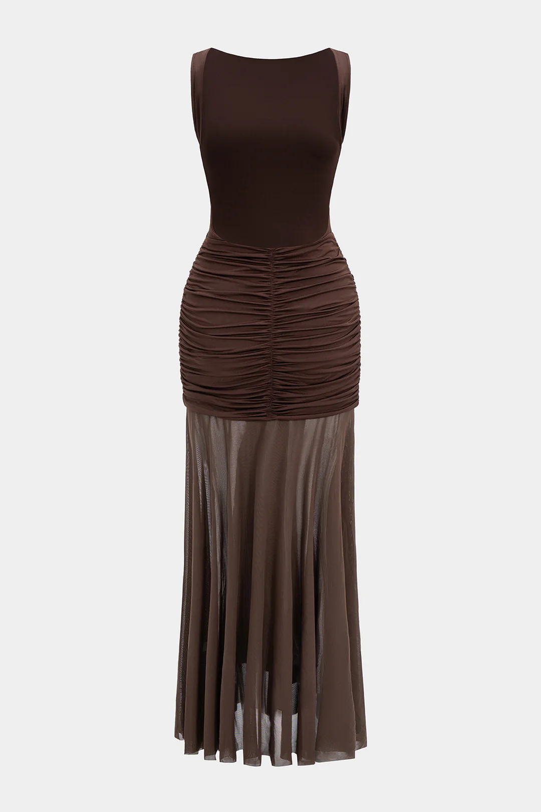 Mesh Metallic Decor Ruched Backless Sleeveless Maxi Dress - Image 3