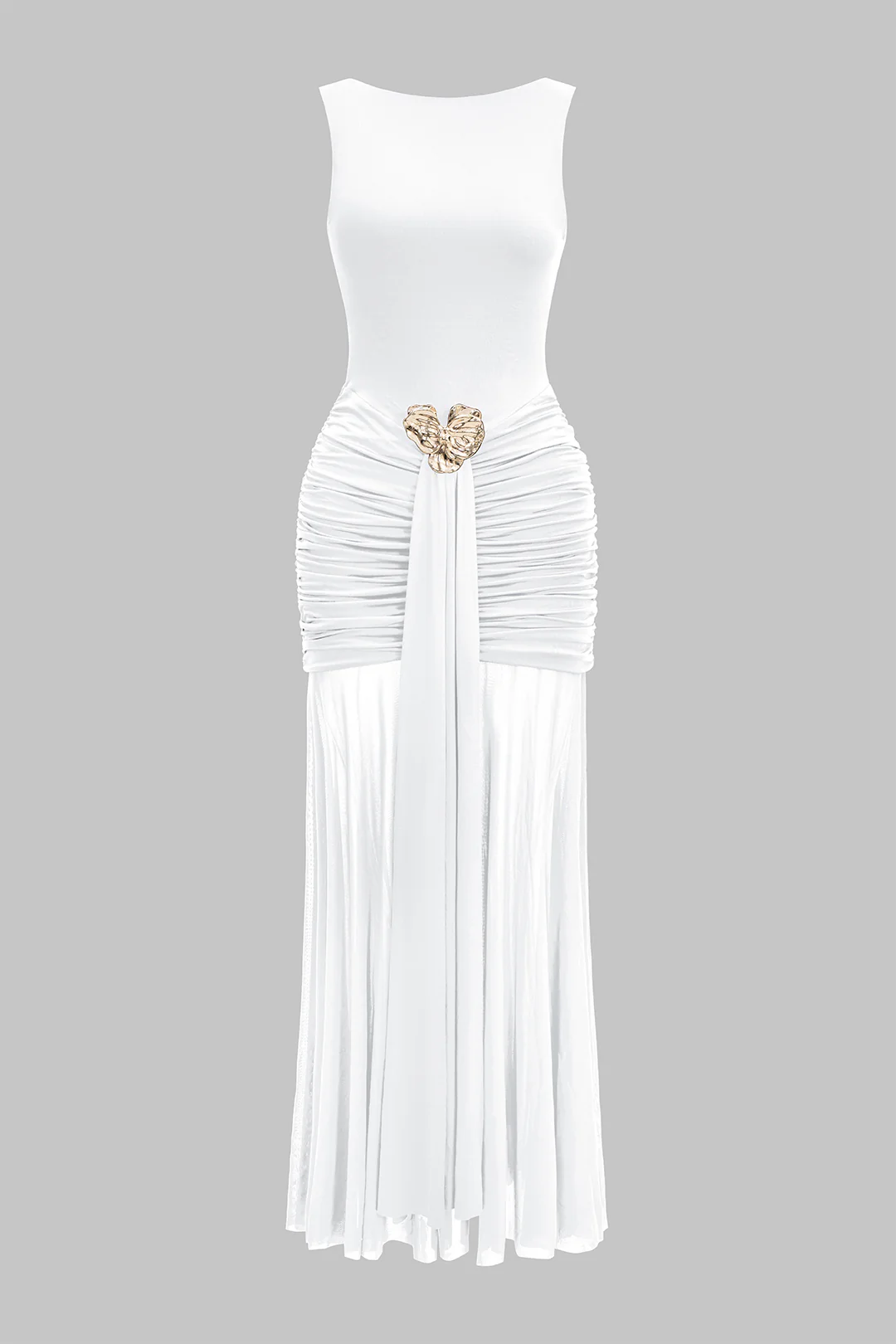 Mesh Metallic Decor Ruched Backless Sleeveless Maxi Dress - Image 7