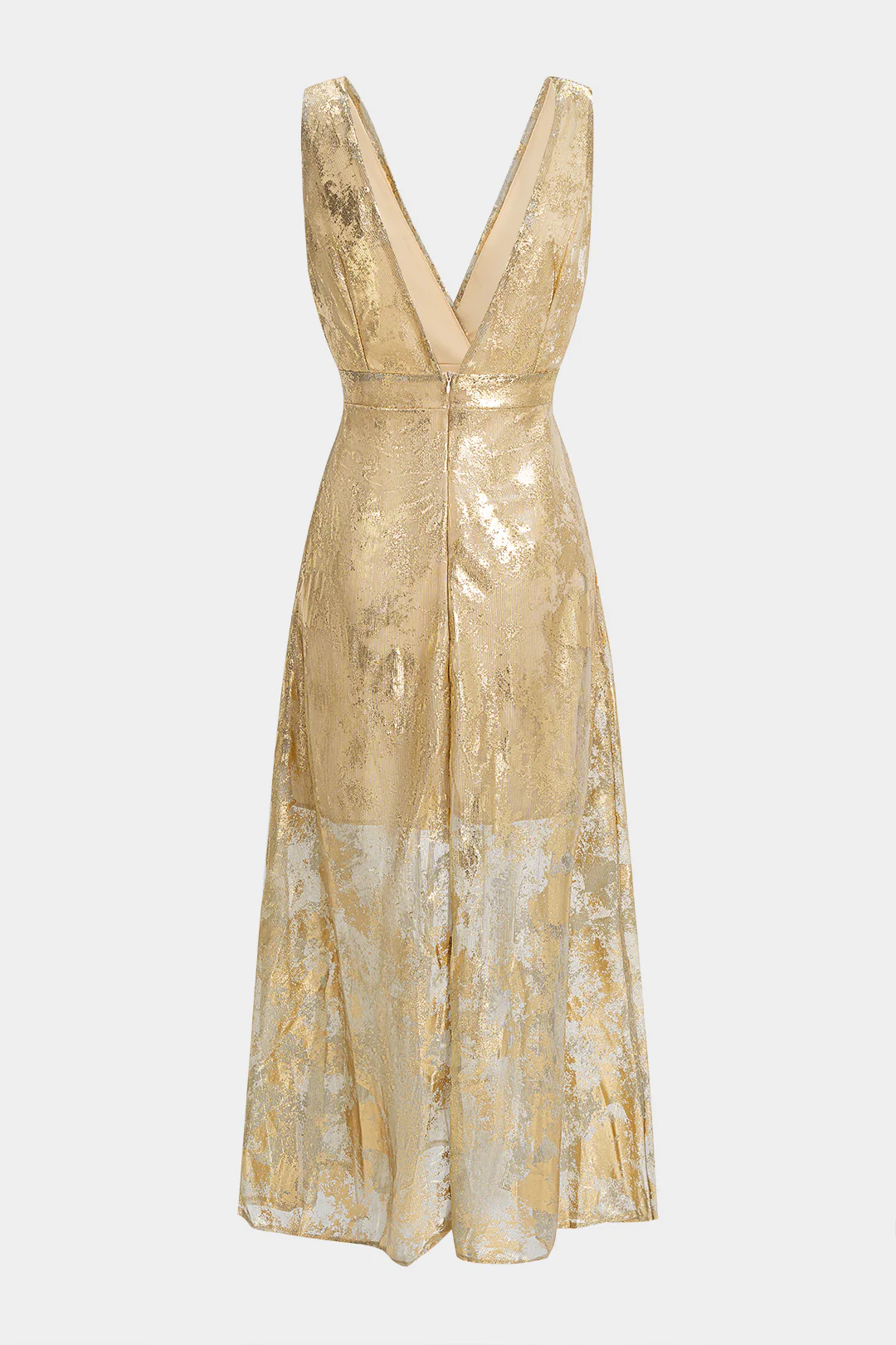 Metallic Print Deep V-Neck Slip Long Sleeve Maxi Dress - Image 2