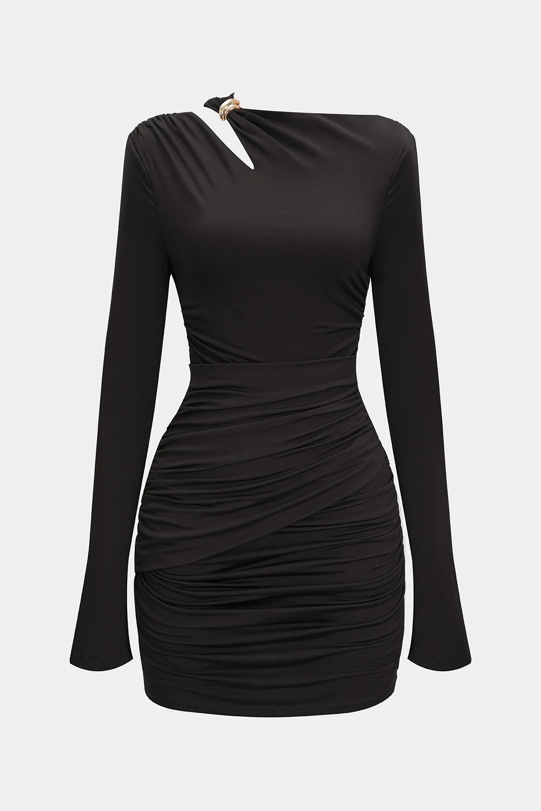 Asymmetrical Neck Ruched Long Sleeve Mini Dress - Image 11