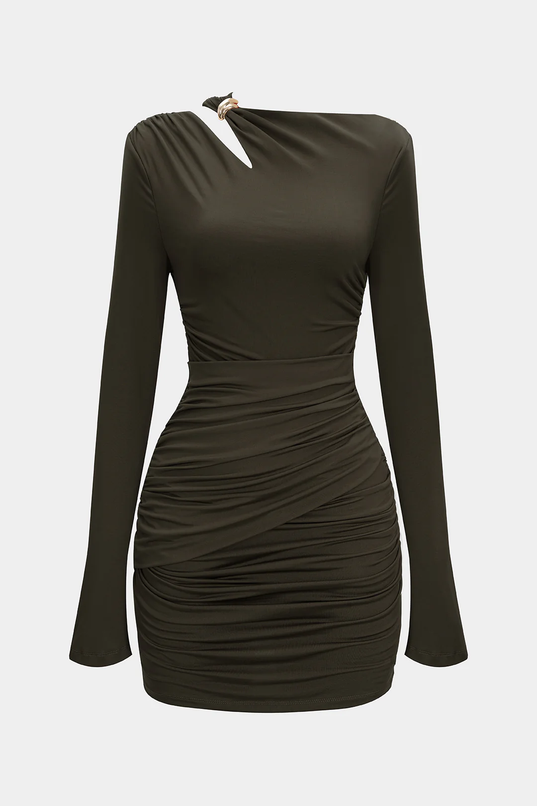 Asymmetrical Neck Ruched Long Sleeve Mini Dress - Image 12