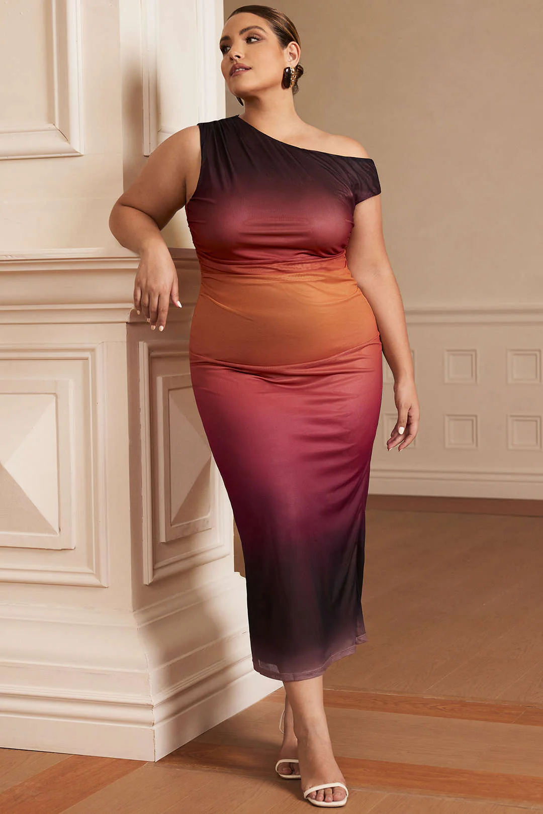 Plus Size Ombre Print Mesh Asymmetrical Sleeveless Maxi Dress - Image 7