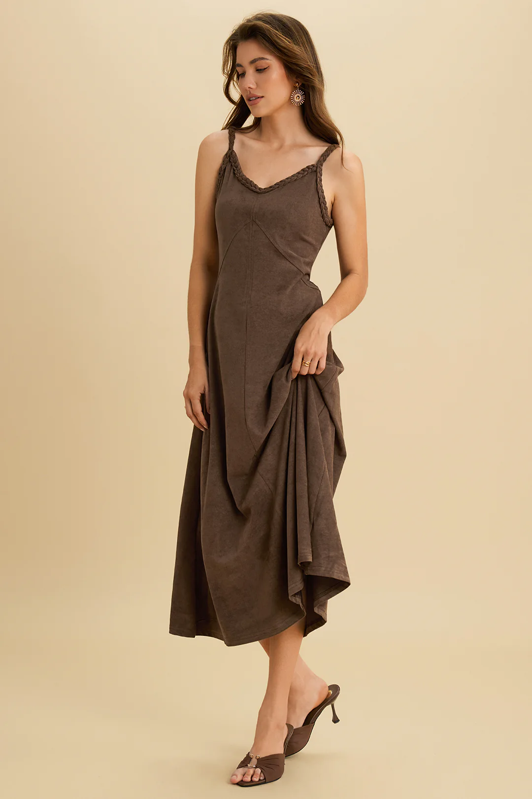 Suede Twist Knot Ruched Sleeveless Dress - Image 3