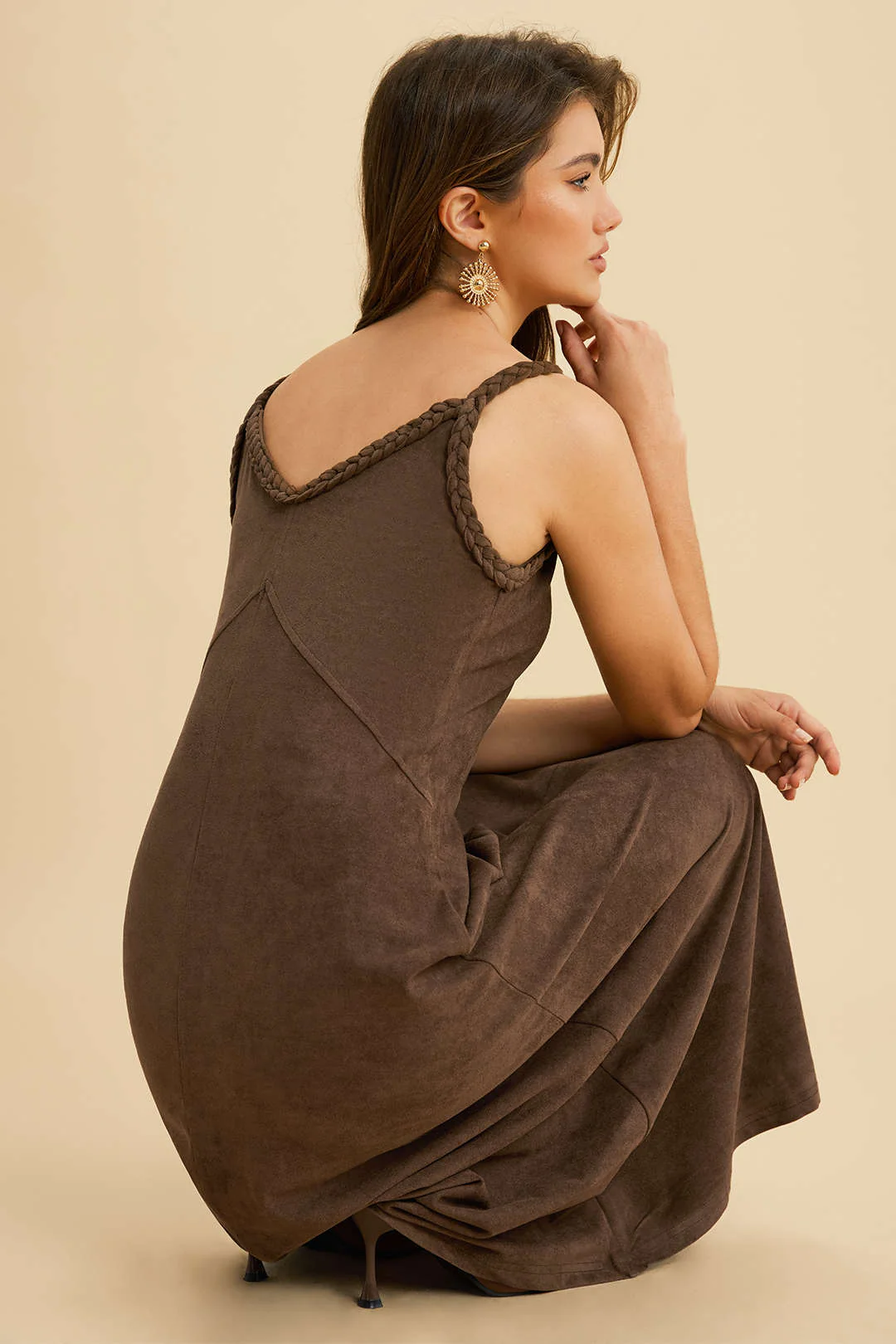 Suede Twist Knot Ruched Sleeveless Dress - Image 4