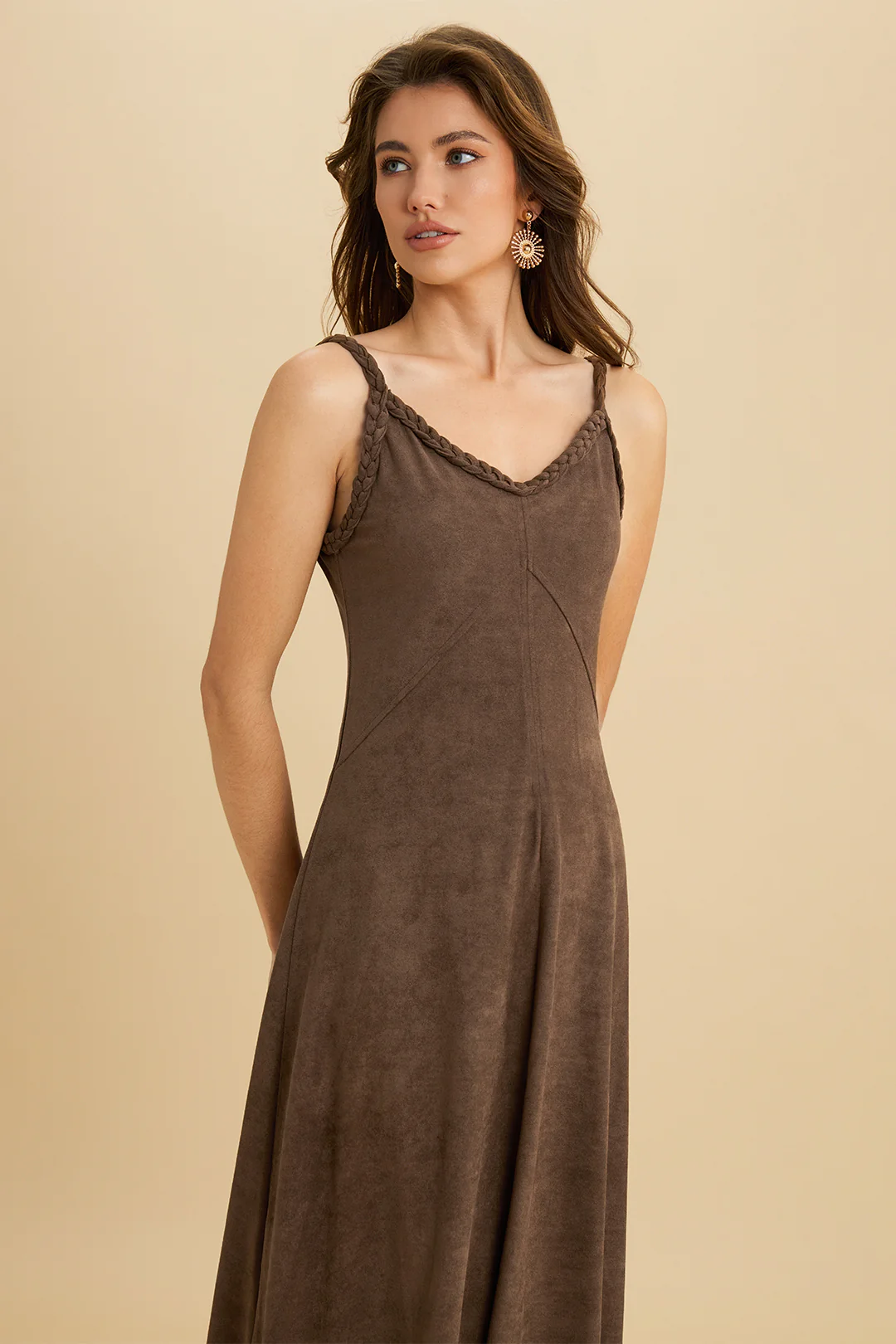 Suede Twist Knot Ruched Sleeveless Dress - Image 5