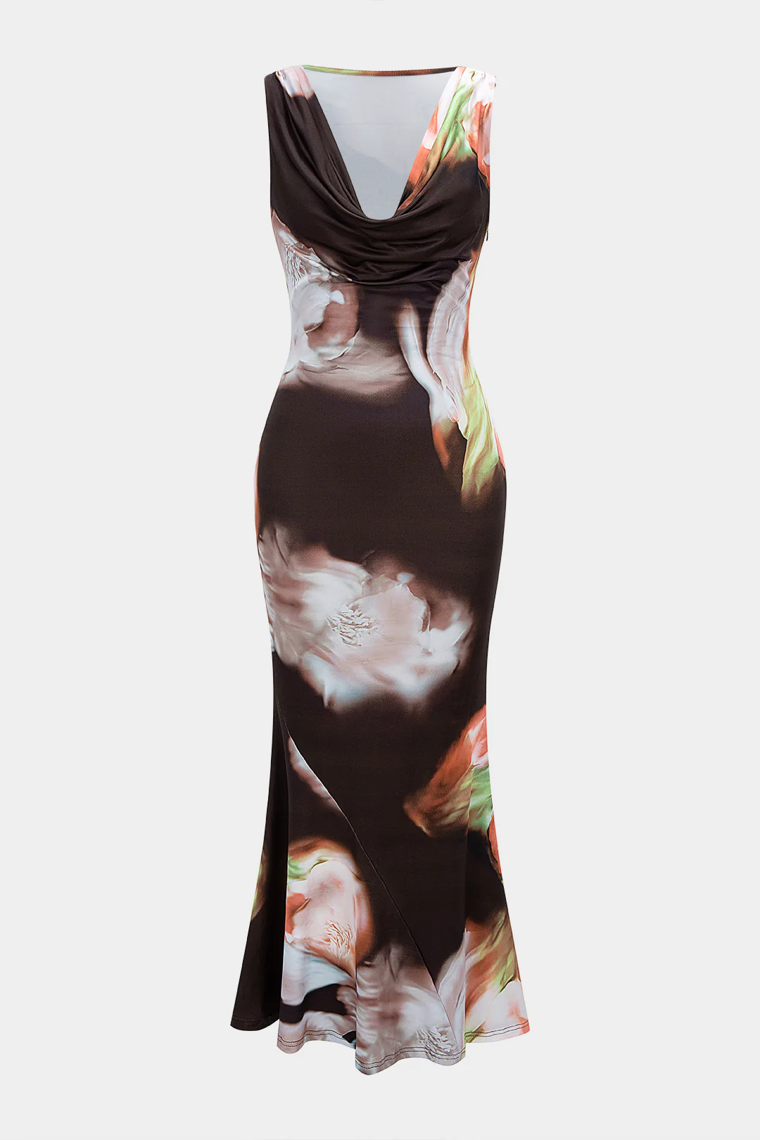 Floral Print Draped Cowl Neck Sleeveless Maxi Dress