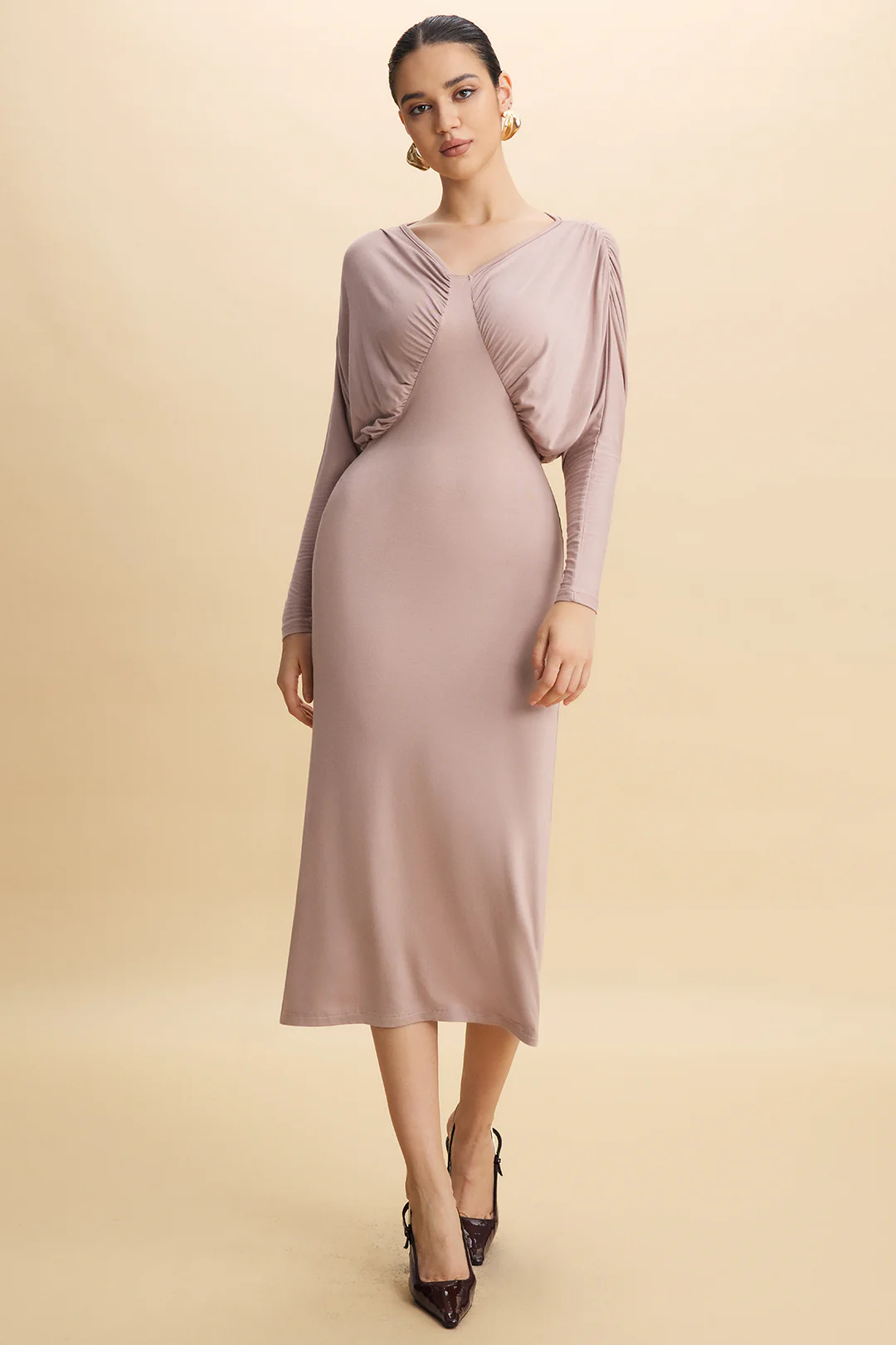 V-Neck Batwing Sleeve Ruched Maxi Dress