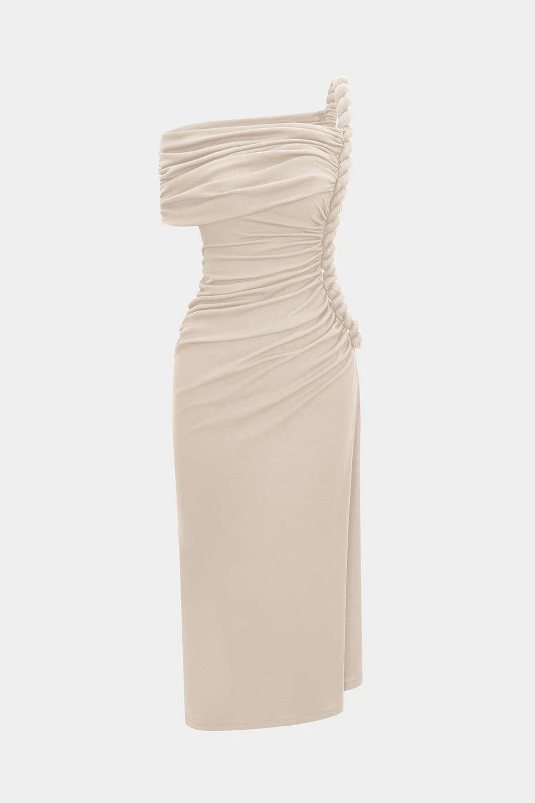 Asymmetrical Shoulder Ruched Twist Knot Sleeveless Maxi Dress - Image 6