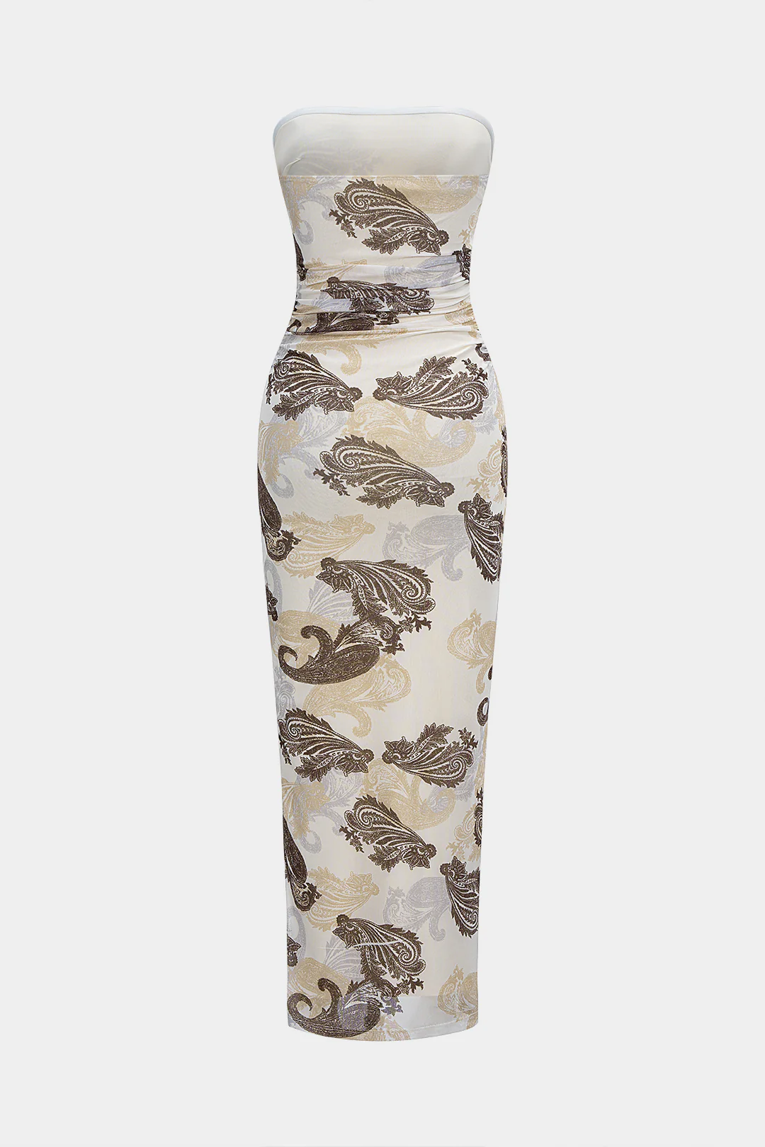Paisley Print Mesh Ruched Strapless Sleeveless Maxi Dress - Image 2