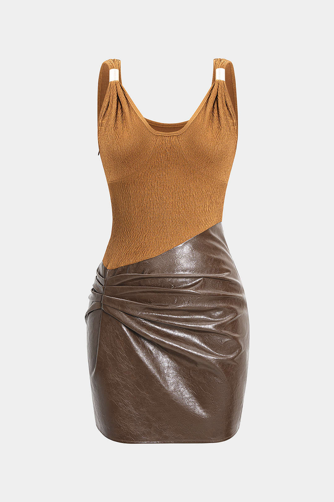 Faux Leather Jacquard Metallic Patchwork Ruched Sleeveless Midi Dress