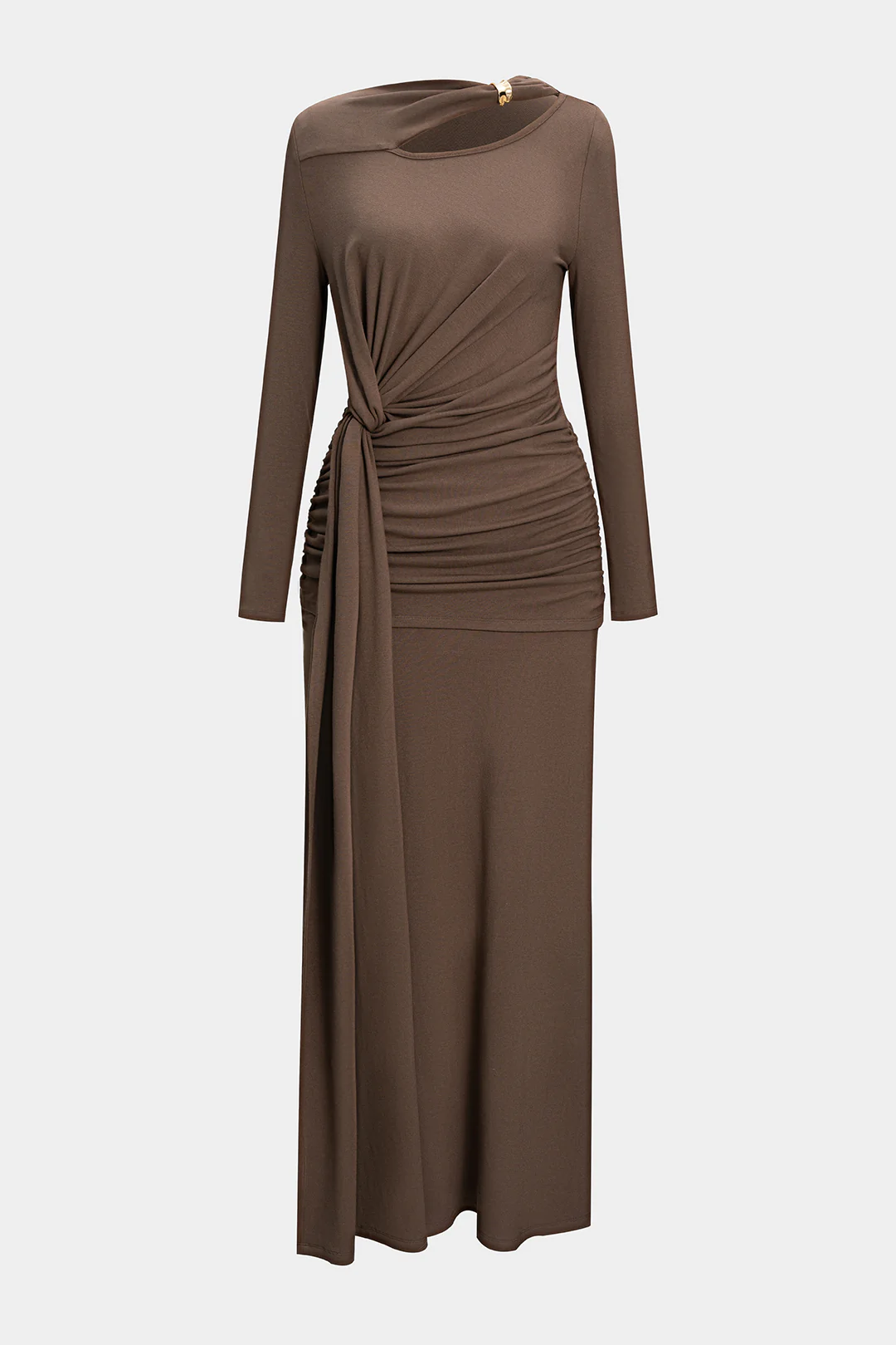 Metallic Ruched Asymmetrical Neck Long Sleeve Maxi Dress - Image 3