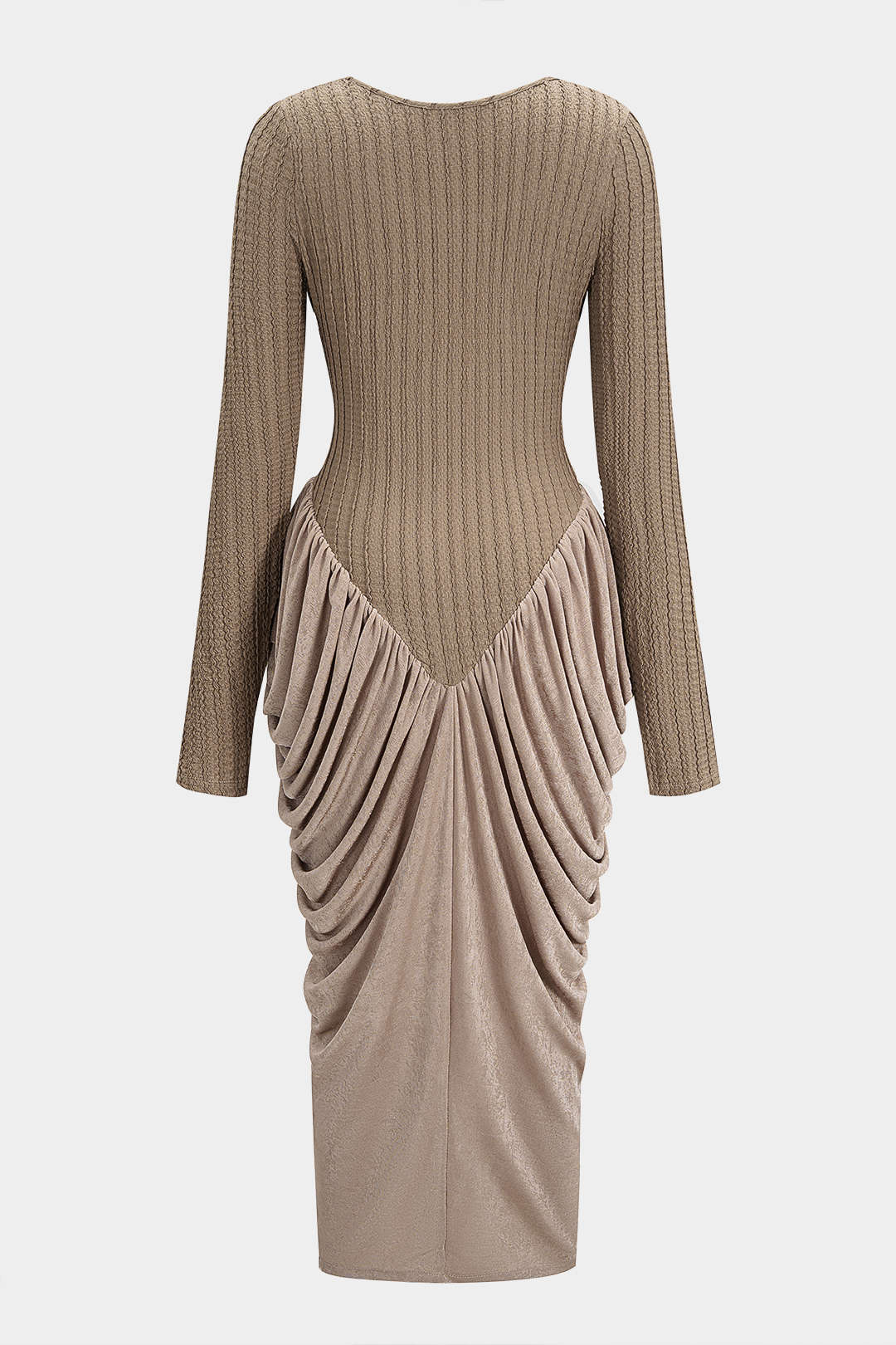 Round Neck Patchwork Ruched Long Sleeve Maxi Dress - Image 2
