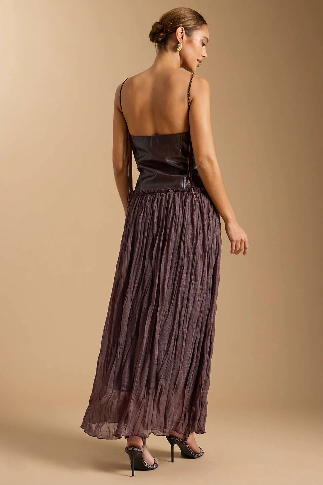 Faux Leather Patchwork Ruched Sleeveless Midi Dress - Image 2