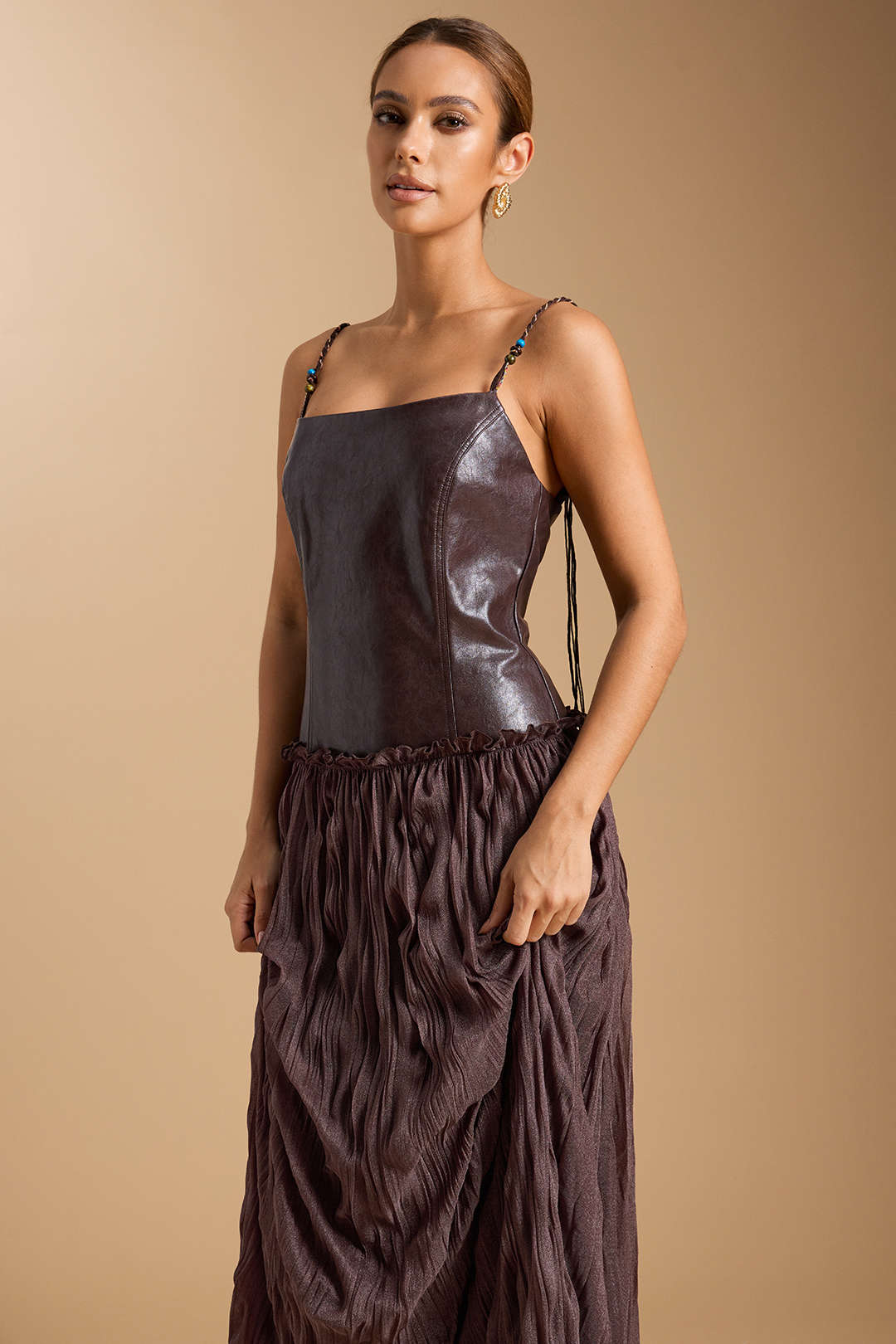 Faux Leather Patchwork Ruched Sleeveless Midi Dress - Image 3