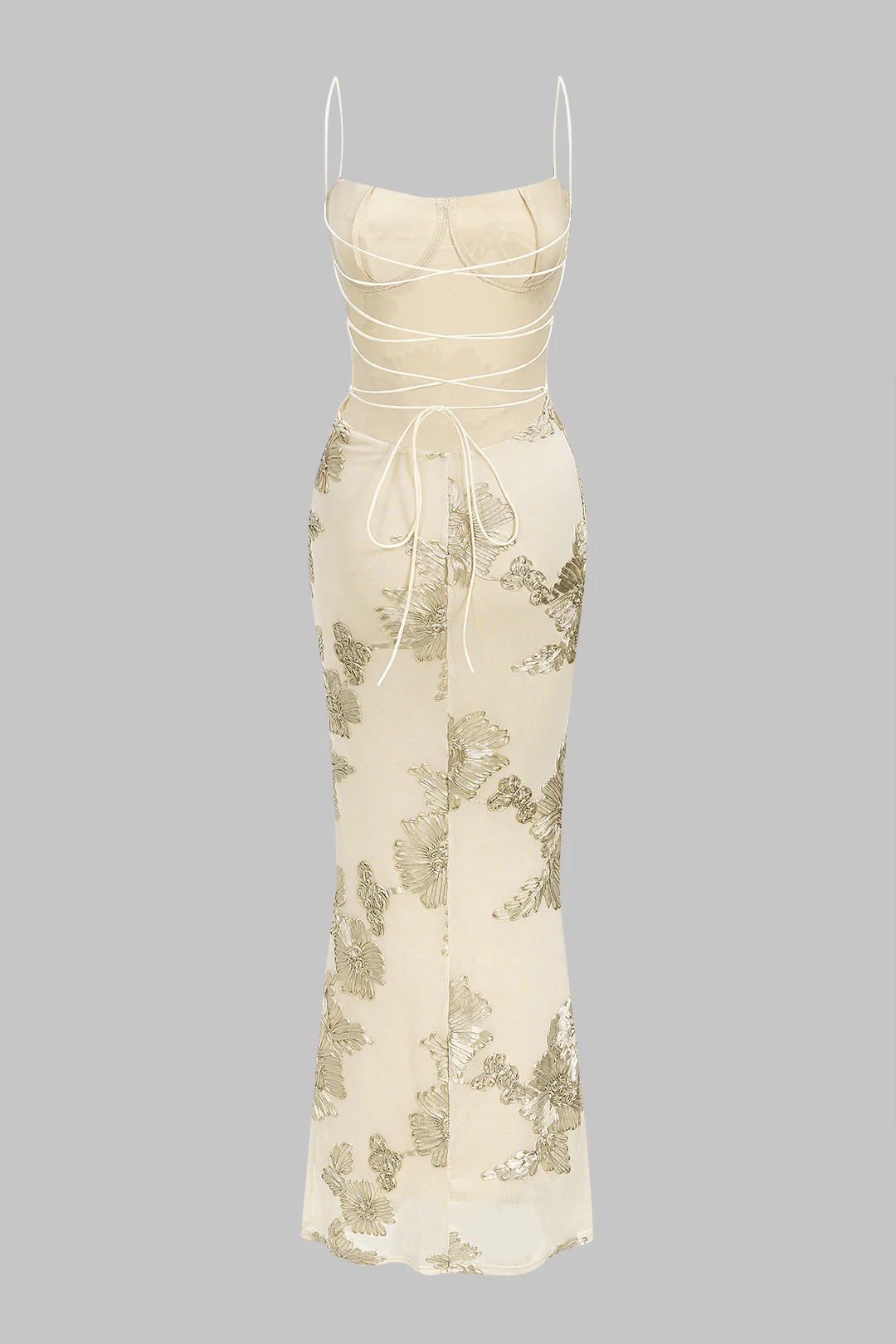 Floral Print Mesh Backless Tie-Back Sleeveless Maxi Dress - Image 2