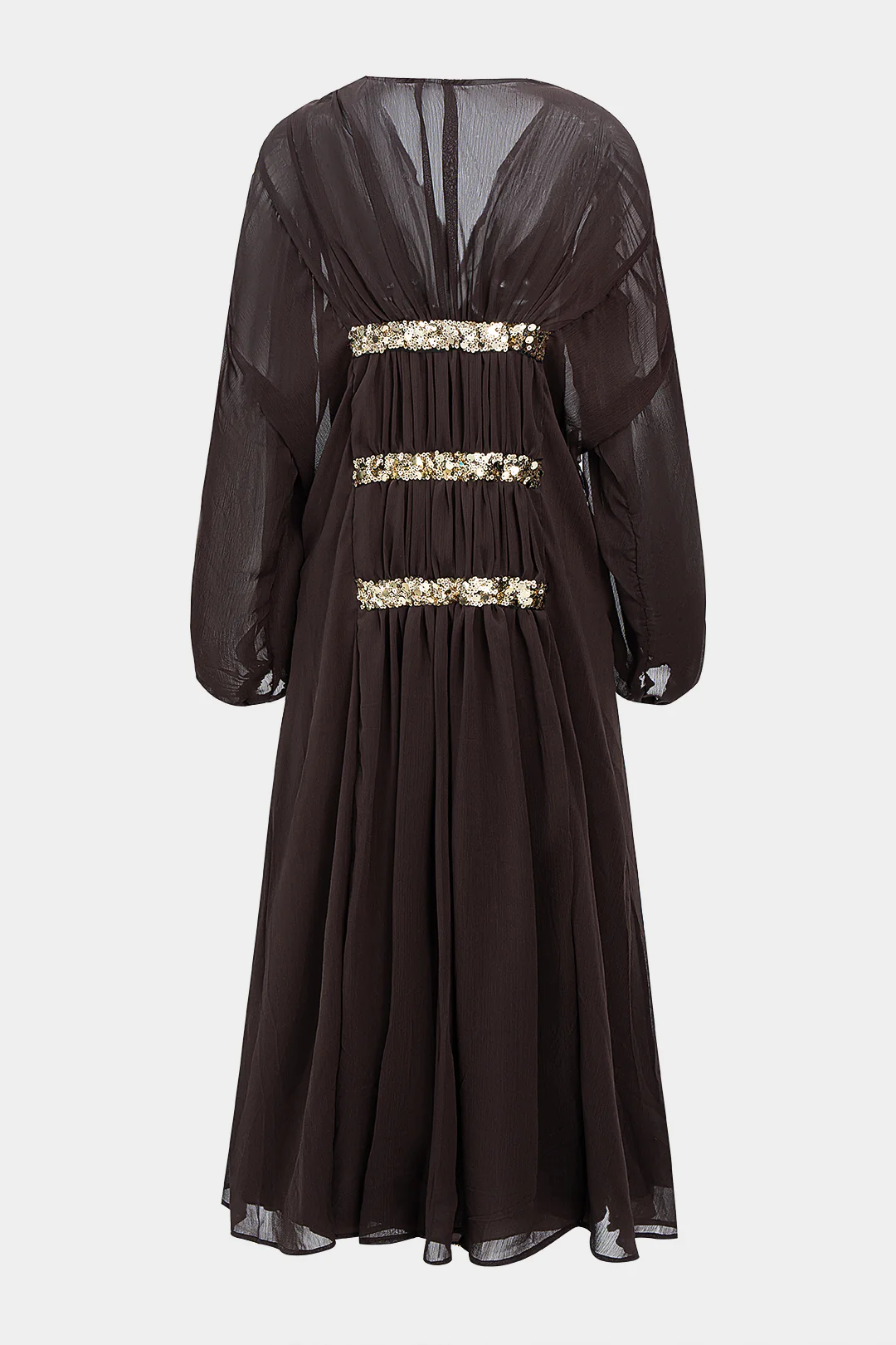 Mesh Sequin Decor V-Neck Ruched Long Sleeve Maxi Dress - Image 2