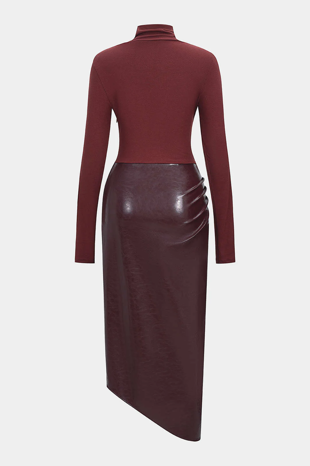 Faux Leather Patchwork Mock Neck Ruched Long Sleeve Maxi Dress - Image 2
