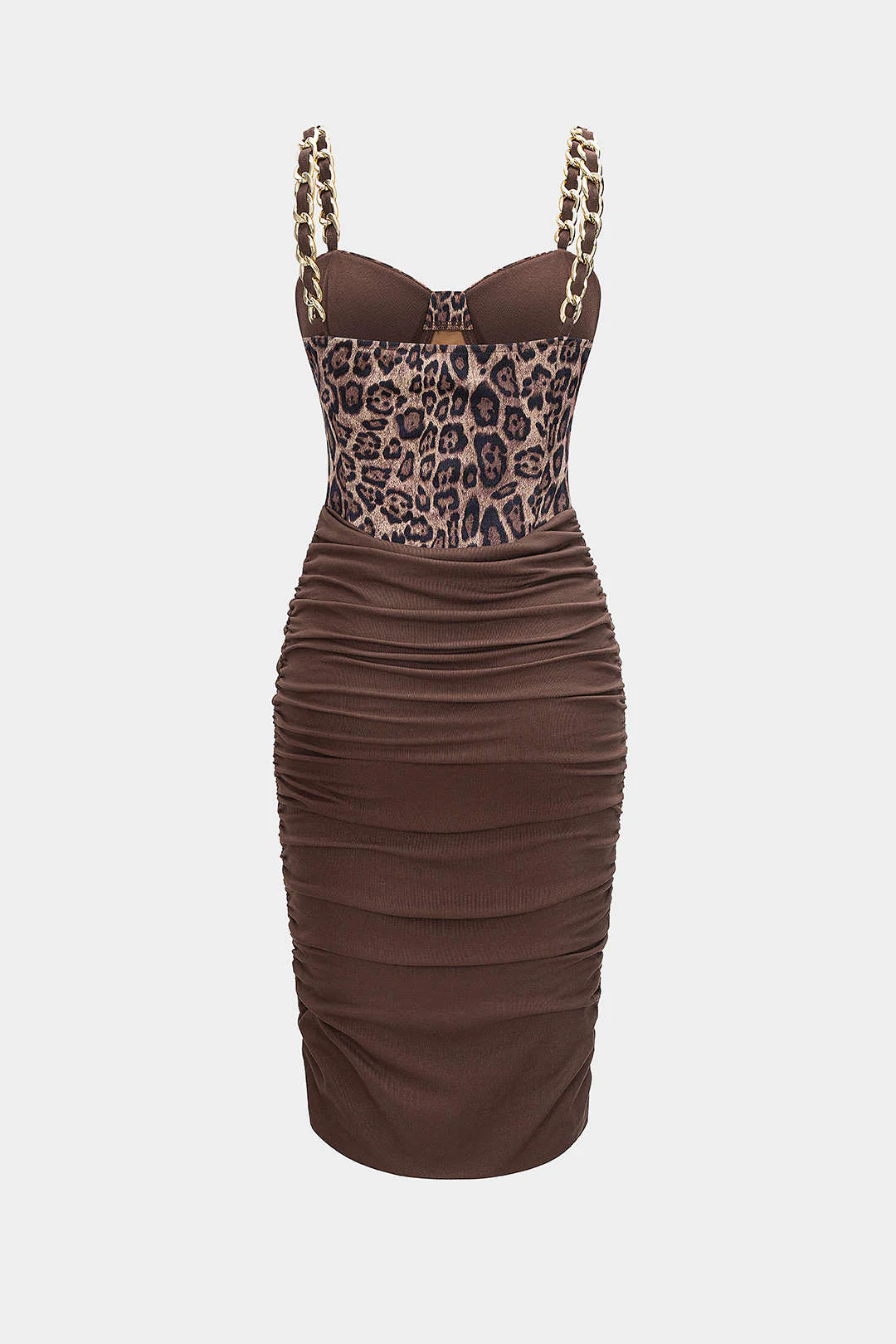Leopard Print Ruched Chain Slip Sleeveless Midi Dress - Image 2