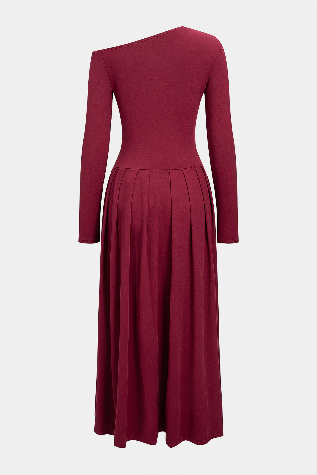 Asymmetrical Shoulder Pleated Long Sleeve Maxi Dress - Image 2