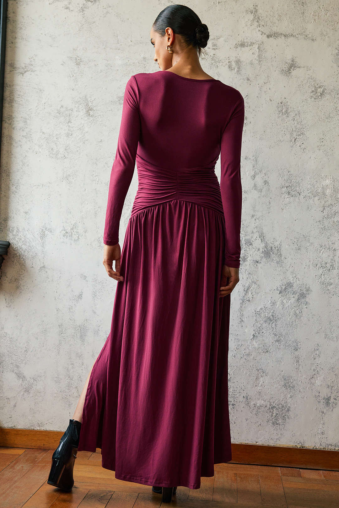 Ruched V-Neck Long Sleeve Maxi Dress - Image 2