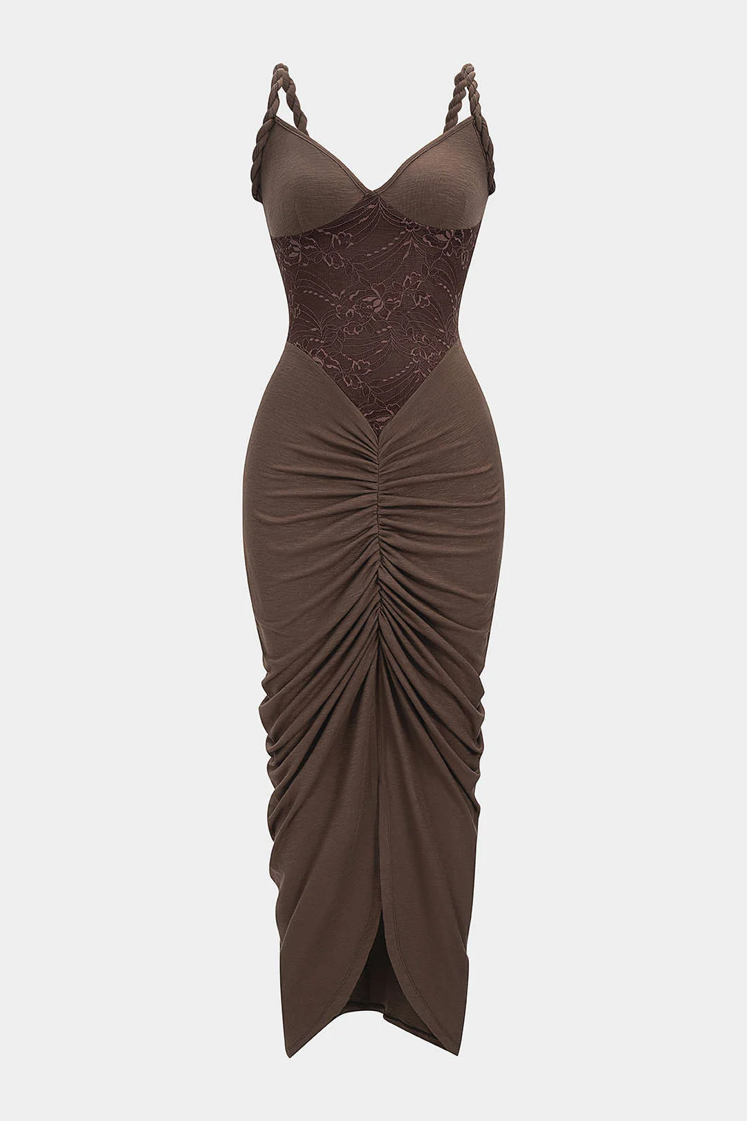 Lace Patchwork Ruched Twist Knot Slip Sleeveless Maxi Dress