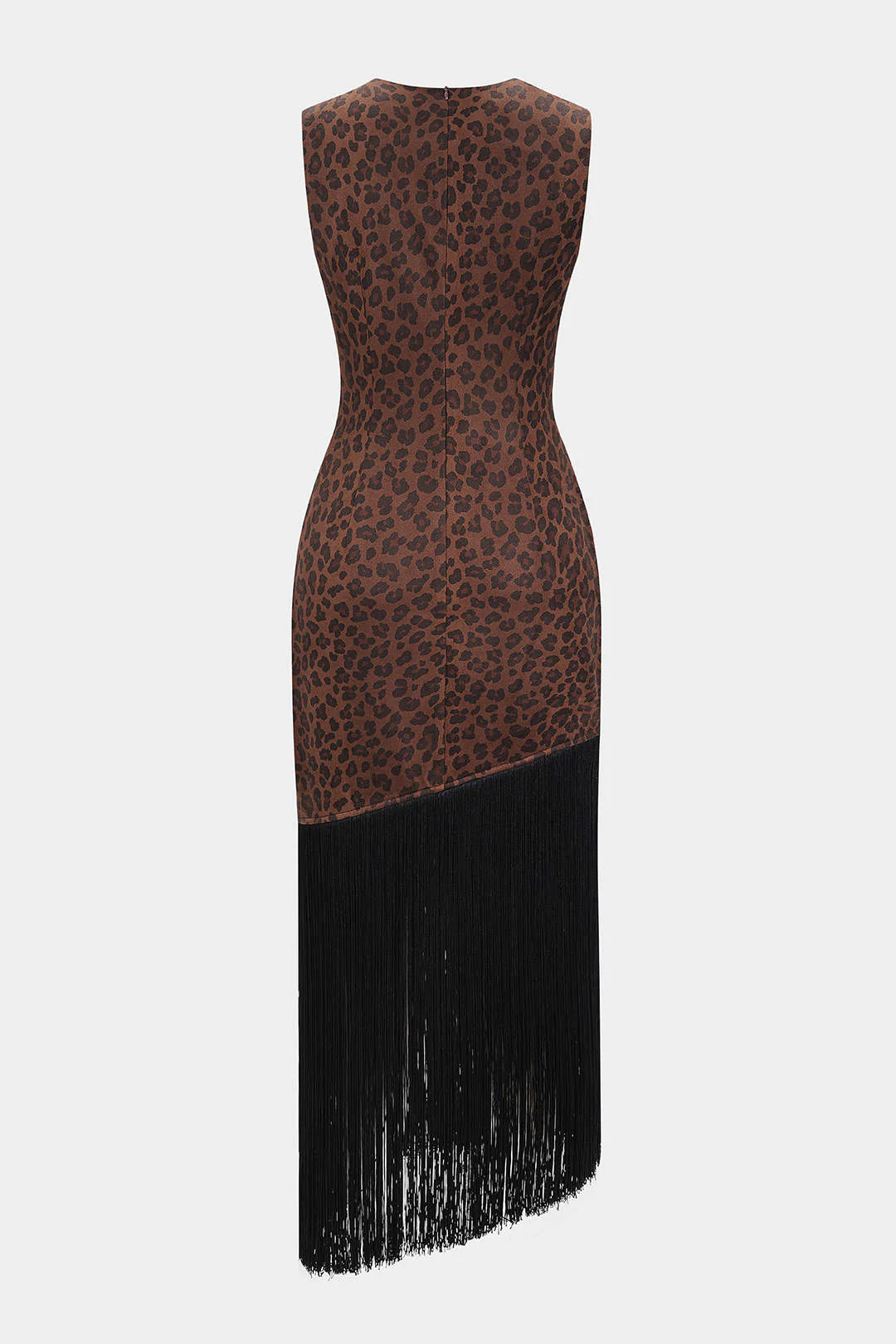 Leopard Print Suede Round Neck Fringe Asymmetrical Maxi Dress - Image 2