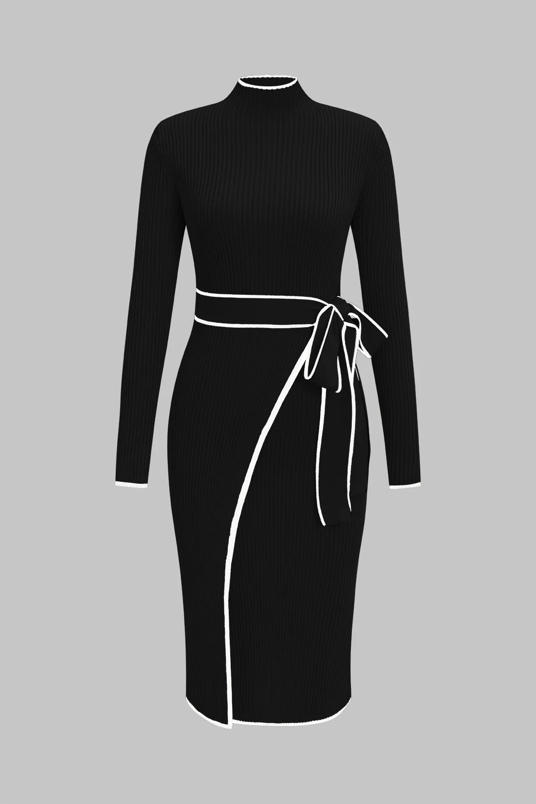 Knit Mock Neck Belted Long Sleeve Midi Dress - Image 5