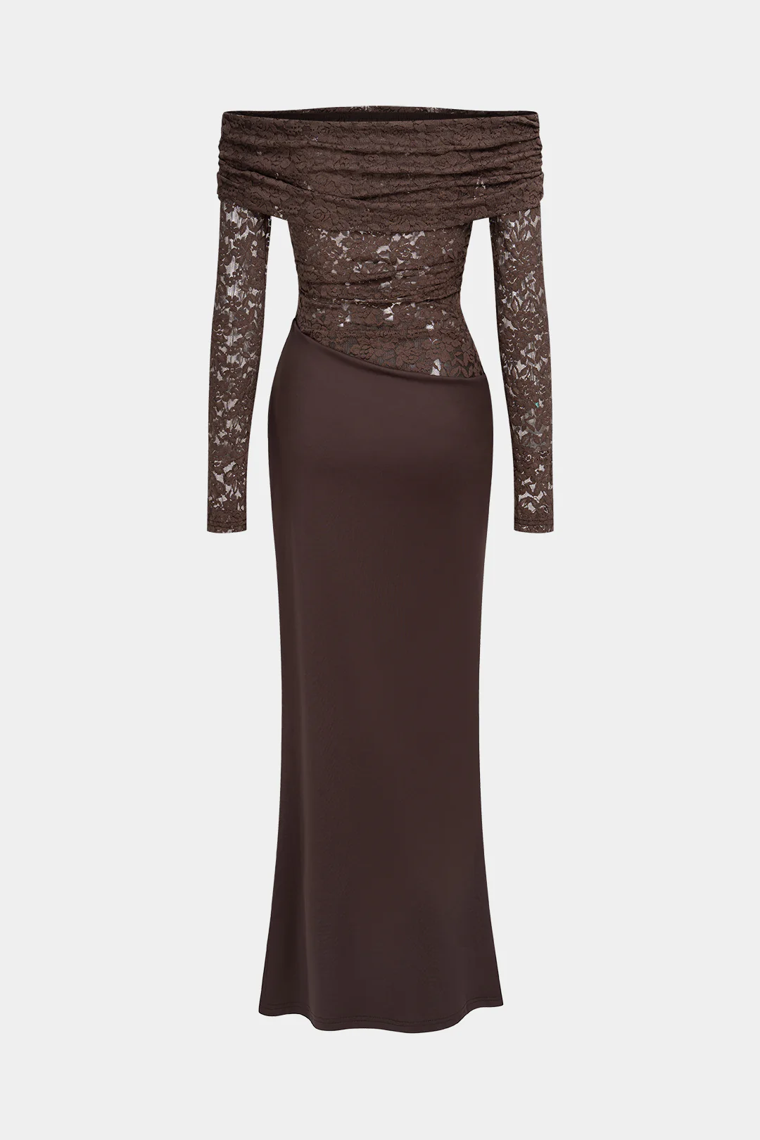 Lace Patchwork Off Shoulder Ruched Long Sleeve Maxi Dress - Image 2