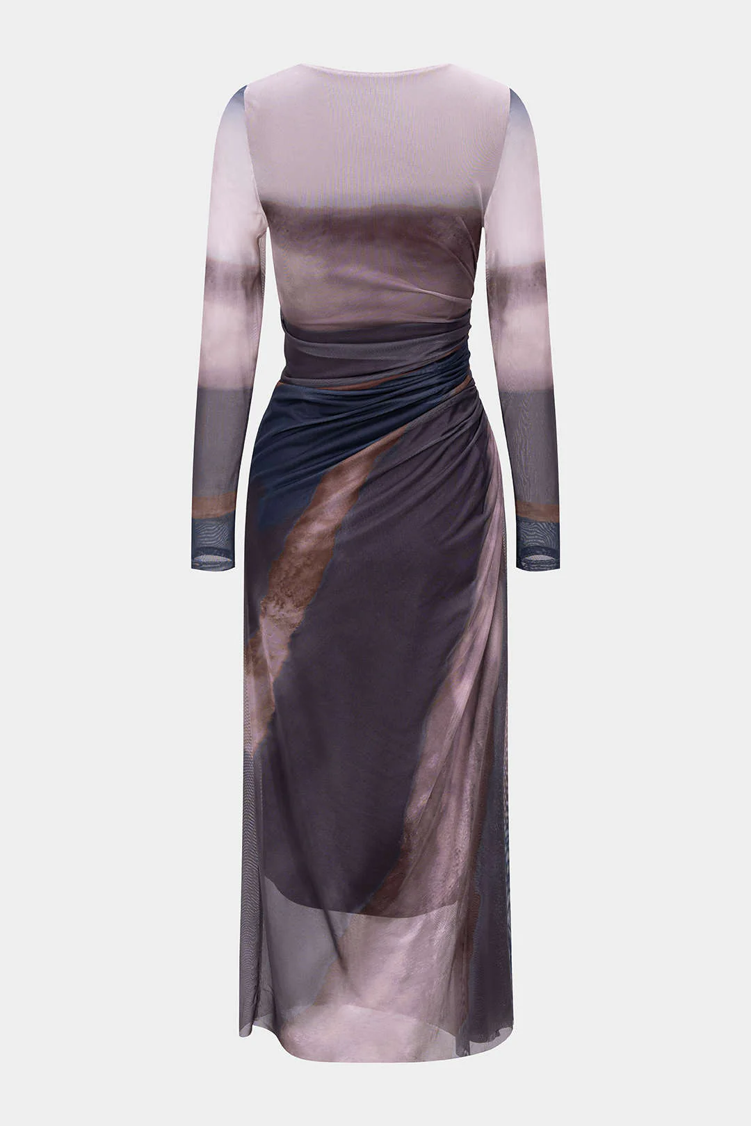 Tie-Dye Print Mesh Ruched Long Sleeve Maxi Dress - Image 2