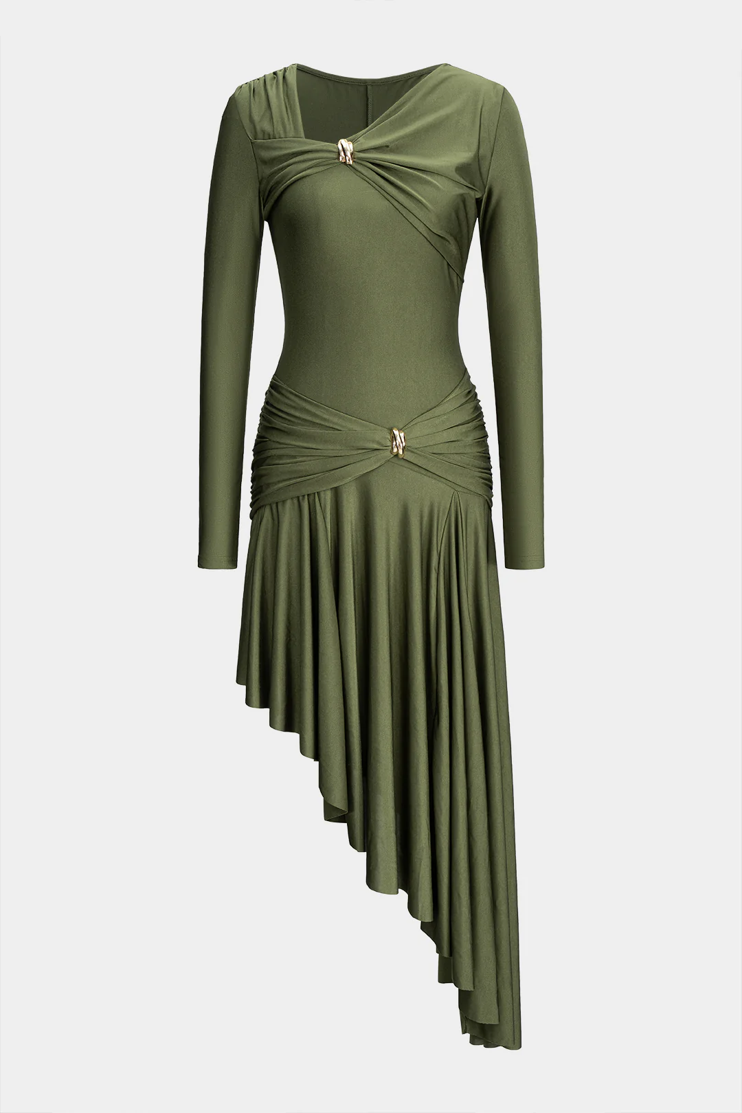 Metallic Ruched Asymmetrical Irregular Hem Long Sleeve Midi Dress - Image 5