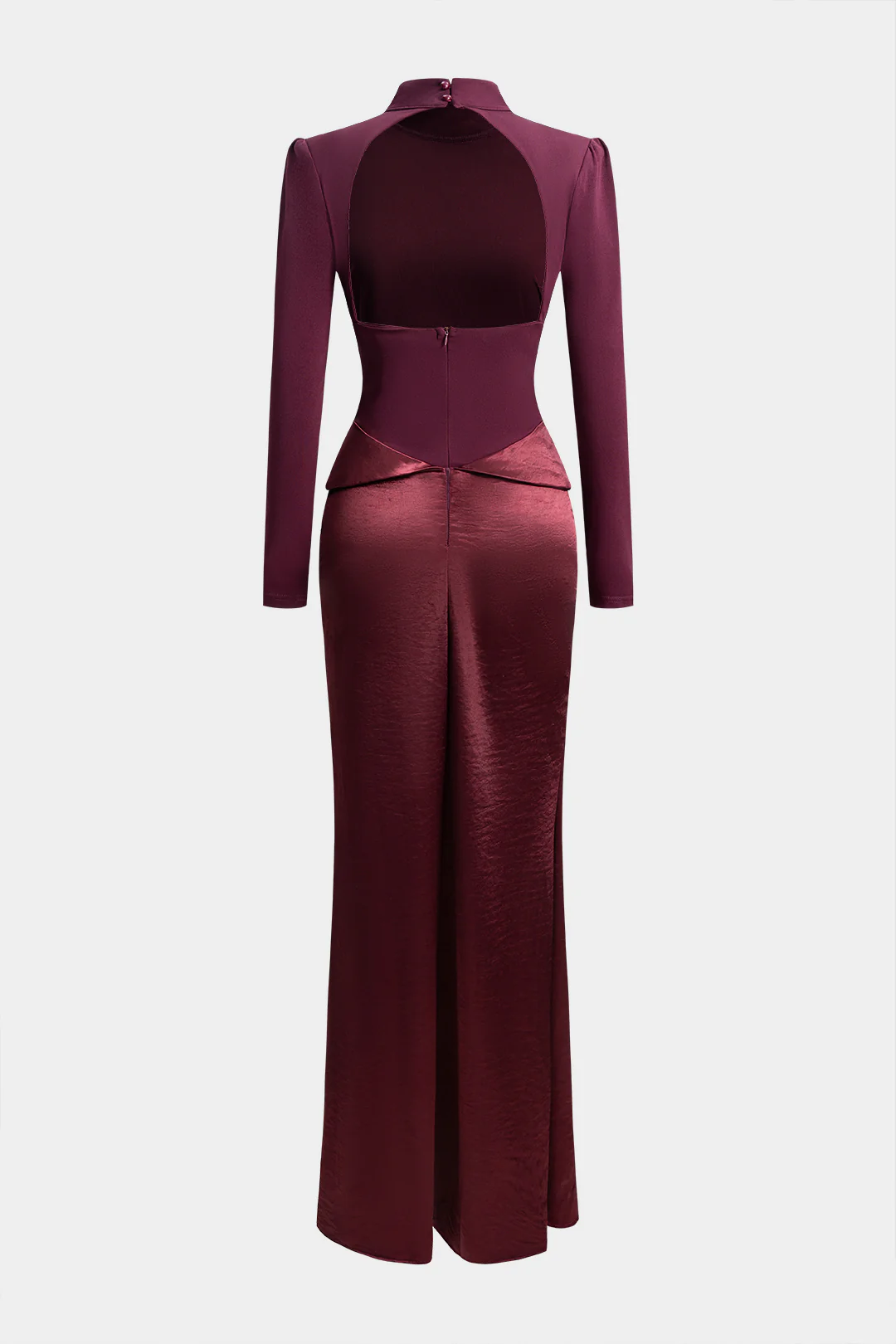 Satin Patchwork Mock Neck Backless Long-Sleeve Maxi Dress - Image 2
