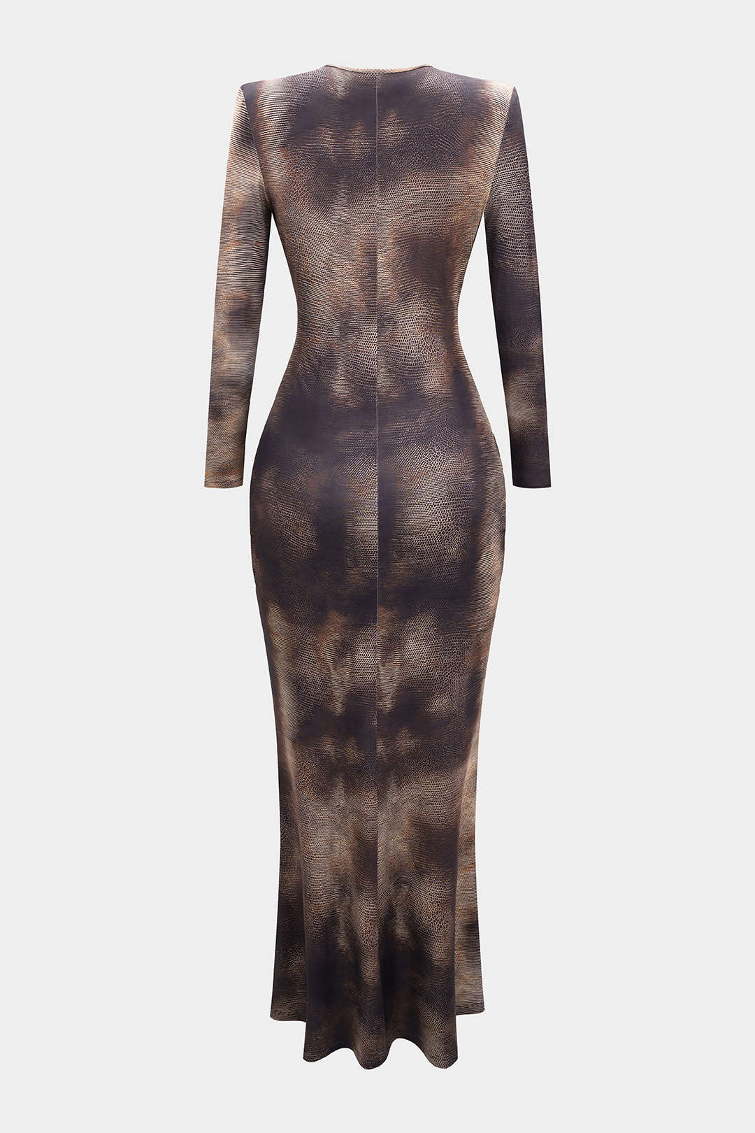 Snake Skin Print Mesh Ruched Fringe Trim V-Neck Long Sleeve Maxi Dress - Image 2