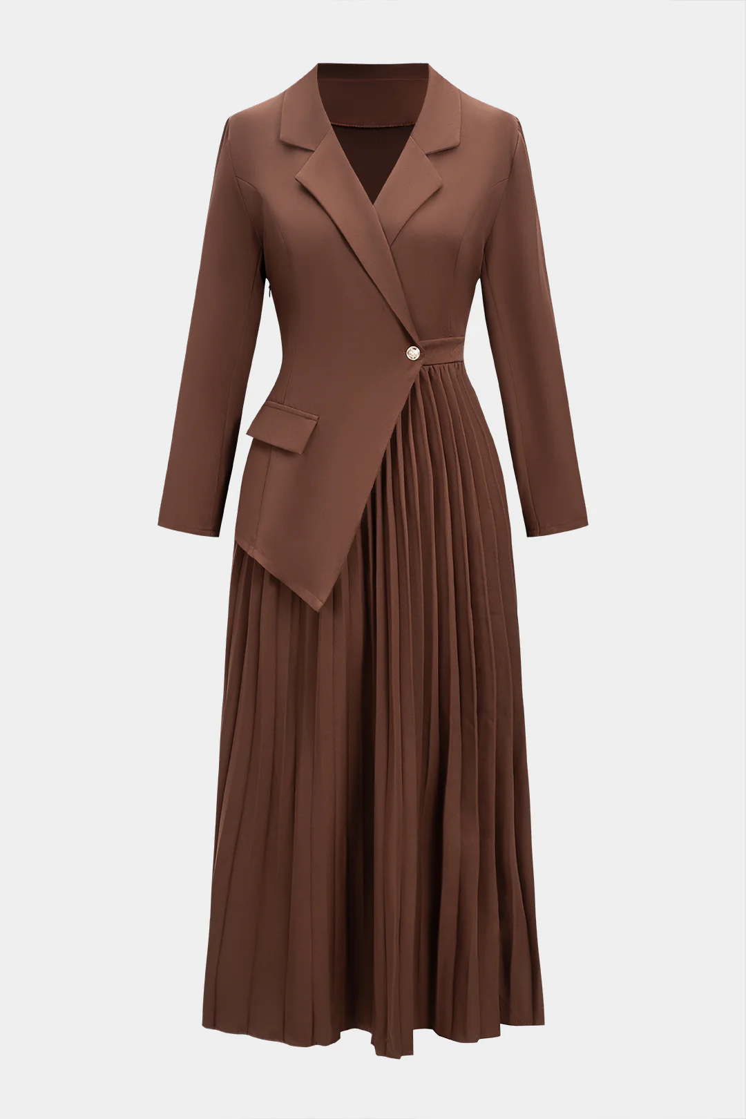 Notched Lapel Pleated Asymmetrical Long-Sleeve Maxi Dress - Image 2