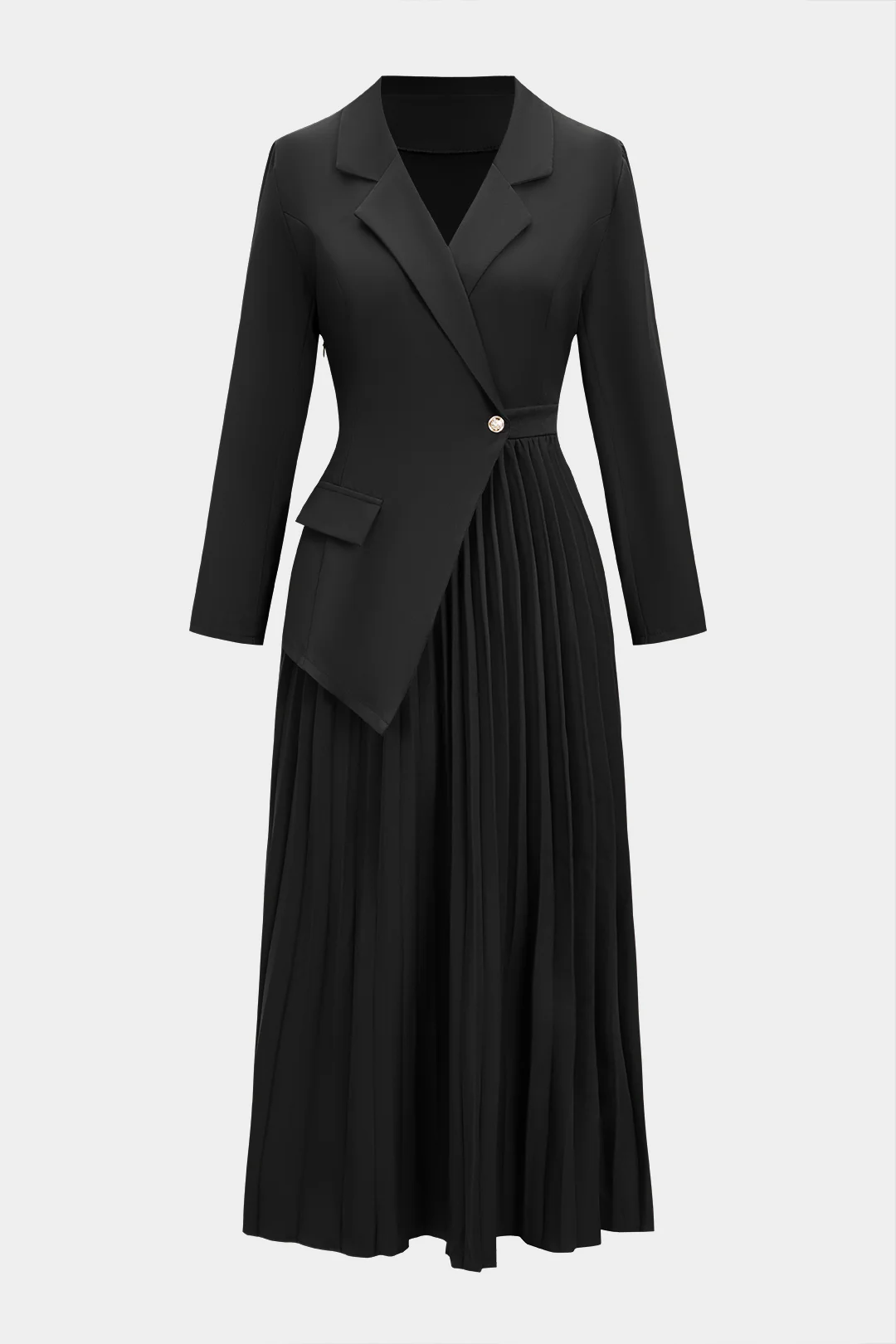 Notched Lapel Pleated Asymmetrical Long-Sleeve Maxi Dress - Image 8