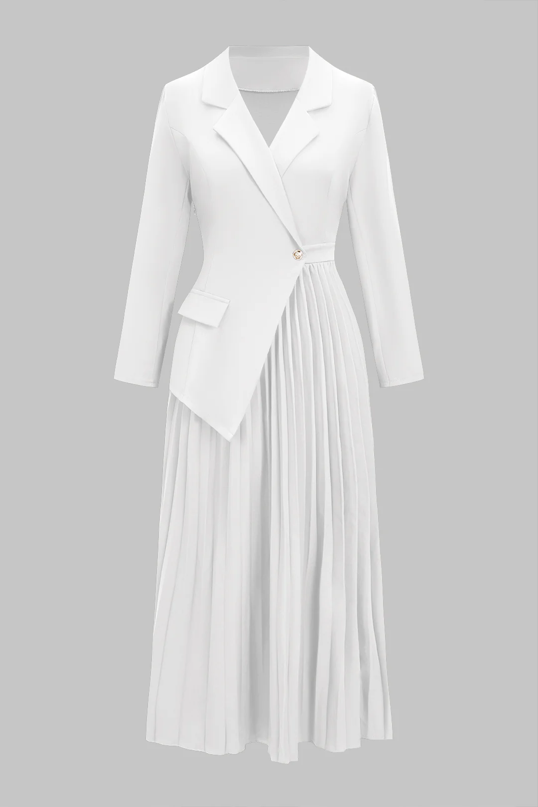 Notched Lapel Pleated Asymmetrical Long-Sleeve Maxi Dress - Image 9