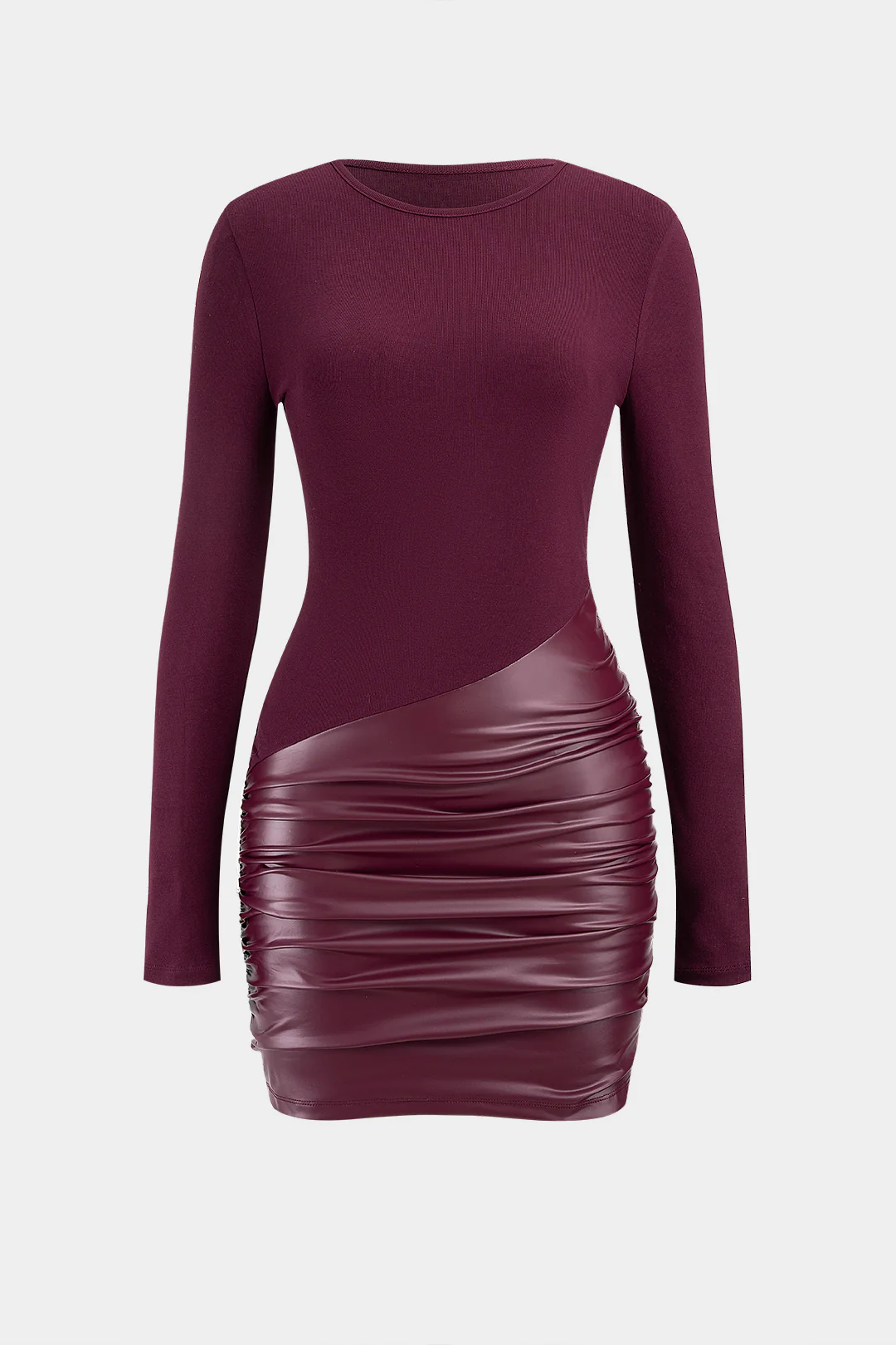 Faux Leather Patchwork Round Neck Ruched Long Sleeve Mini Dress