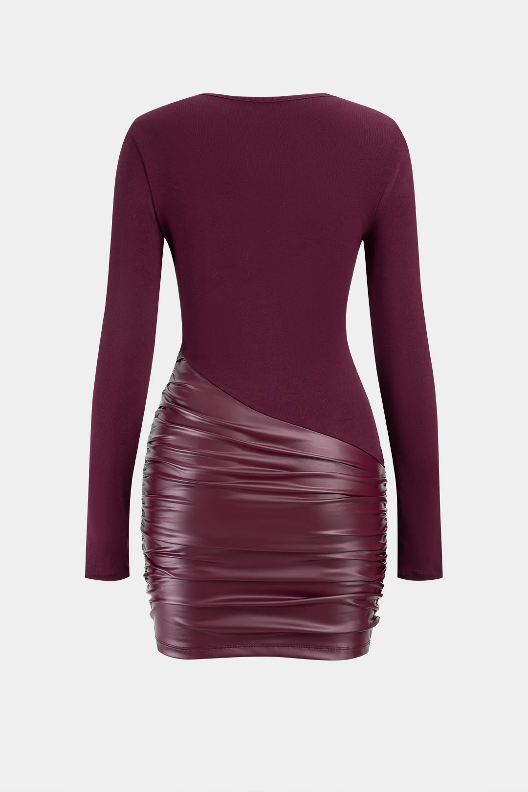 Faux Leather Patchwork Round Neck Ruched Long Sleeve Mini Dress - Image 2