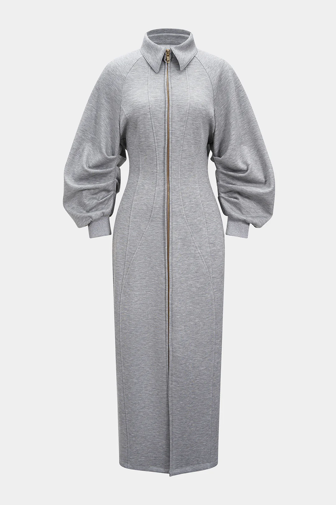 Lapel Zipper Long Sleeve Maxi Dress - Image 2