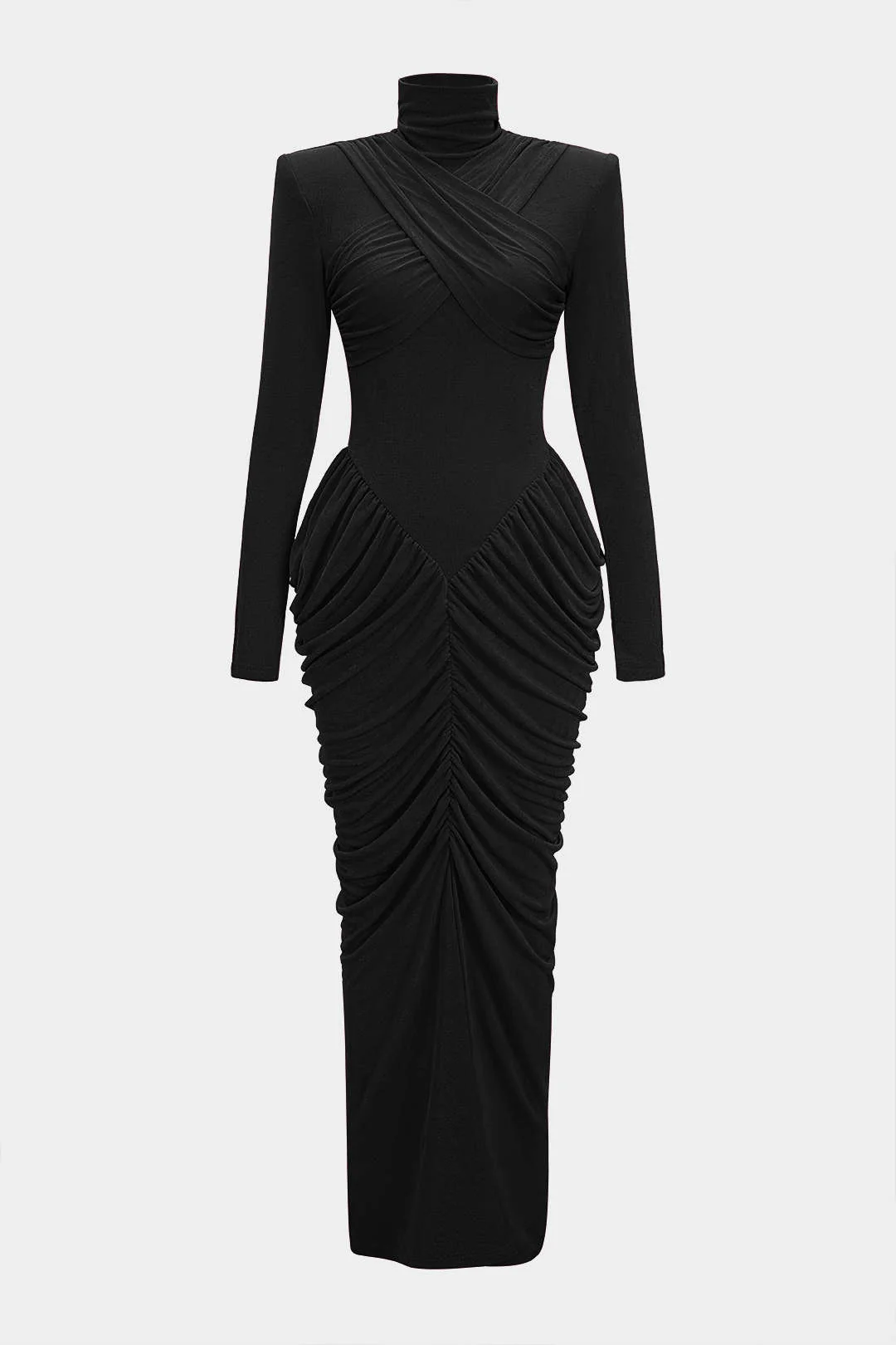 Mock Neck Shoulder Pads Crossed Ruched Backless Long-Sleeve Maxi Dress - Image 11