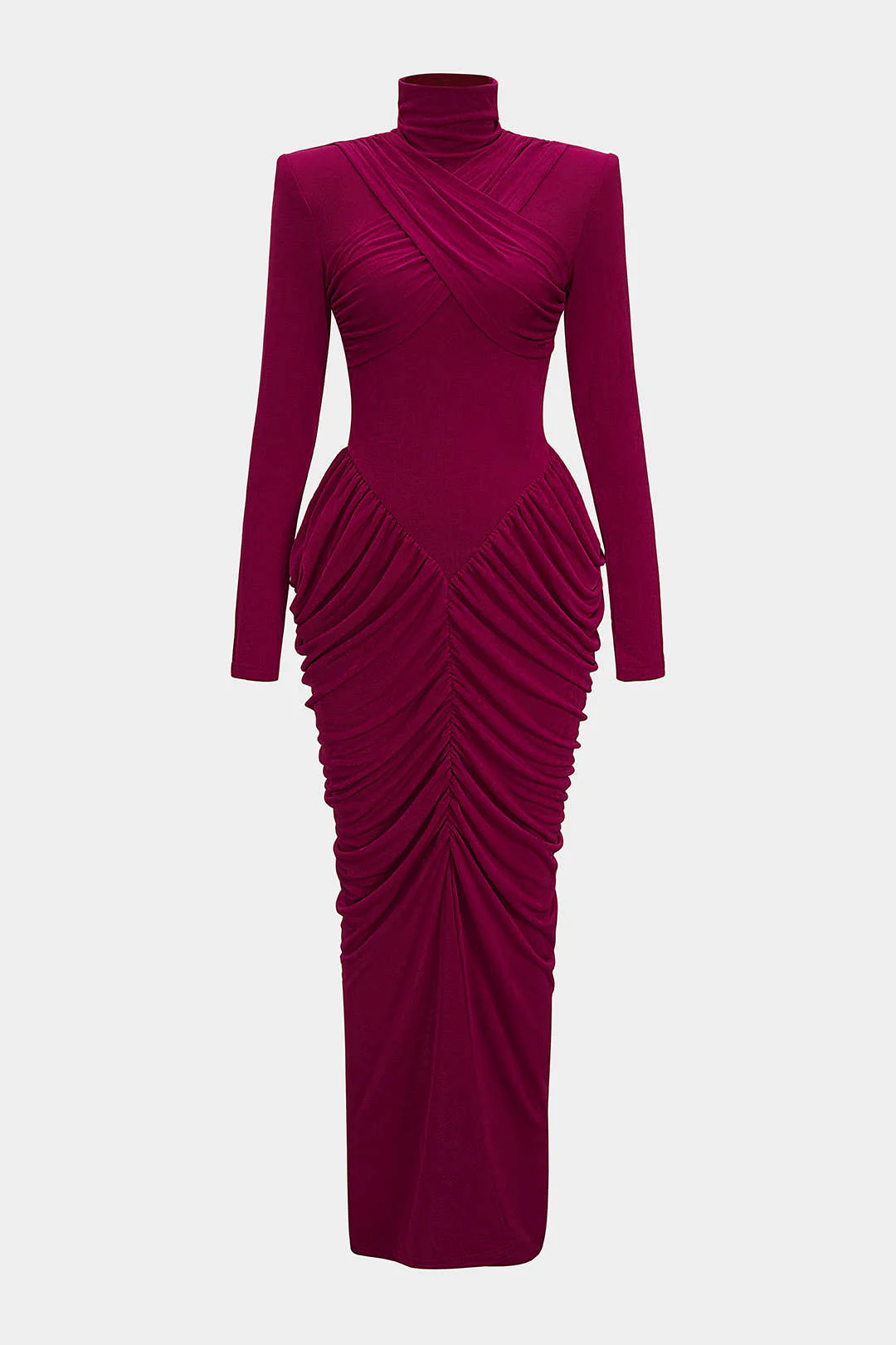 Mock Neck Shoulder Pads Crossed Ruched Backless Long-Sleeve Maxi Dress - Image 12