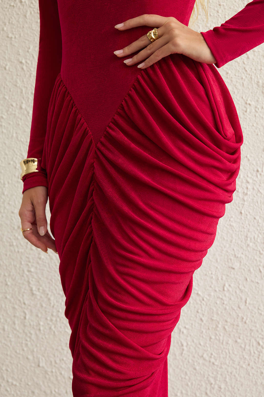 Mock Neck Shoulder Pads Crossed Ruched Backless Long-Sleeve Maxi Dress - Image 6