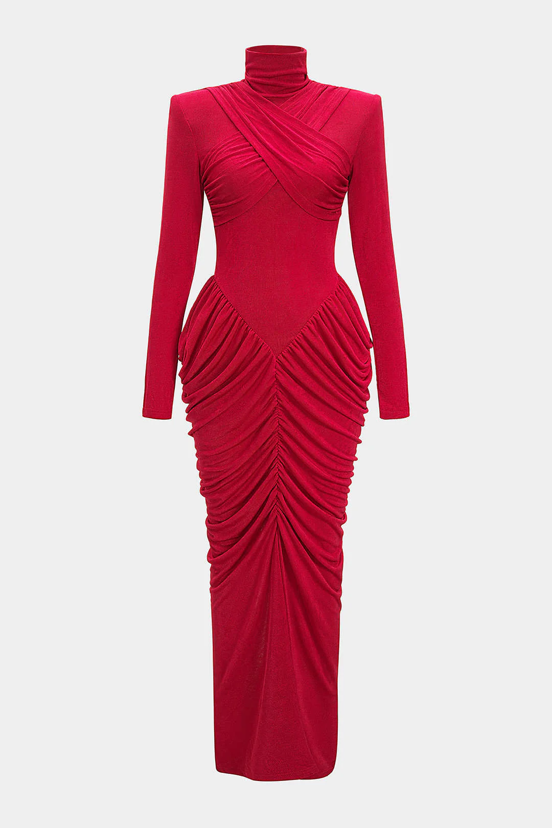 Mock Neck Shoulder Pads Crossed Ruched Backless Long-Sleeve Maxi Dress - Image 7