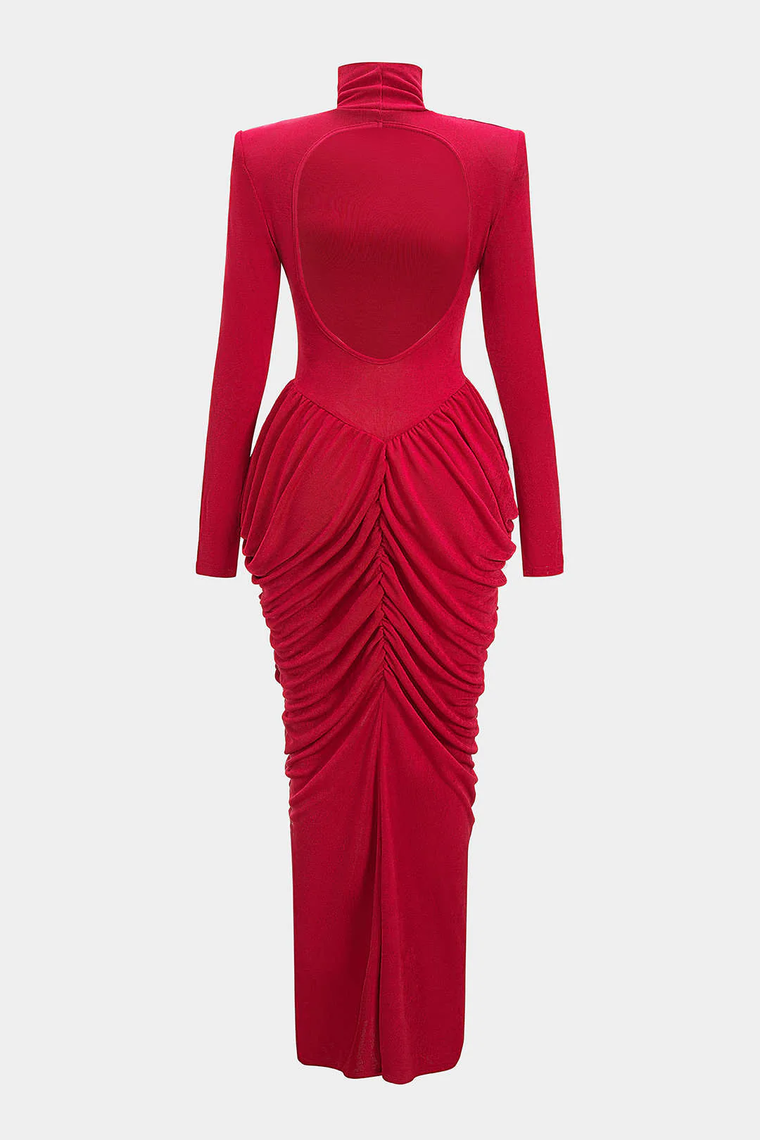 Mock Neck Shoulder Pads Crossed Ruched Backless Long-Sleeve Maxi Dress - Image 8