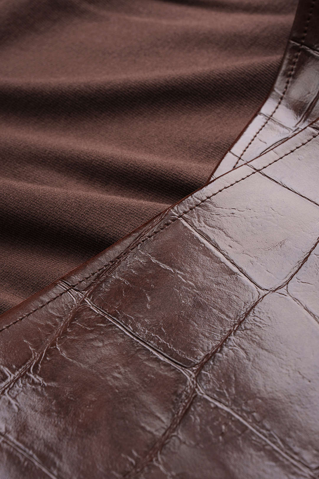 Faux Leather Round Neck Patchwork Long Sleeve Maxi Dress - Image 3