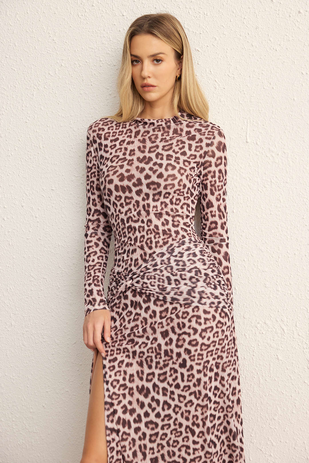 Leopard Print Mesh Ruched Slit Long Sleeve Midi Dress - Image 4