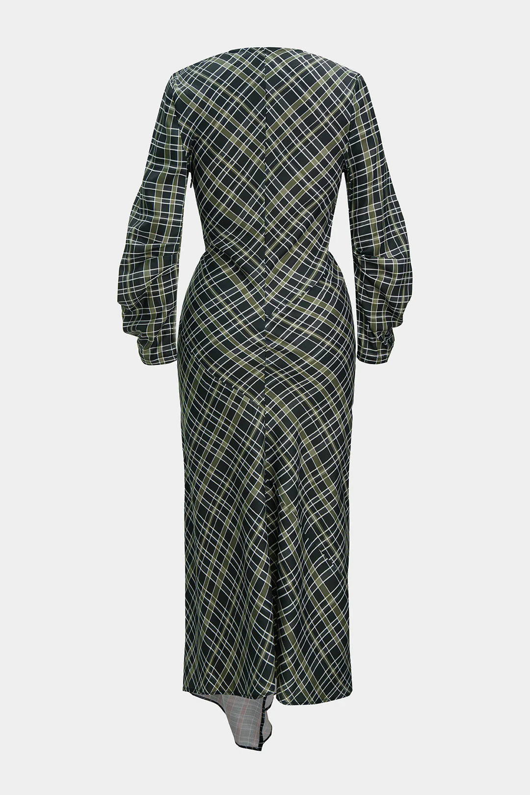 Plaid Print V-Neck Asymmetrical Ruched Long-Sleeve Maxi Dress - Image 2